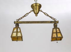 Arts and Crafts Mission Style Brass Chandelier with 2 Slag Glass Shades