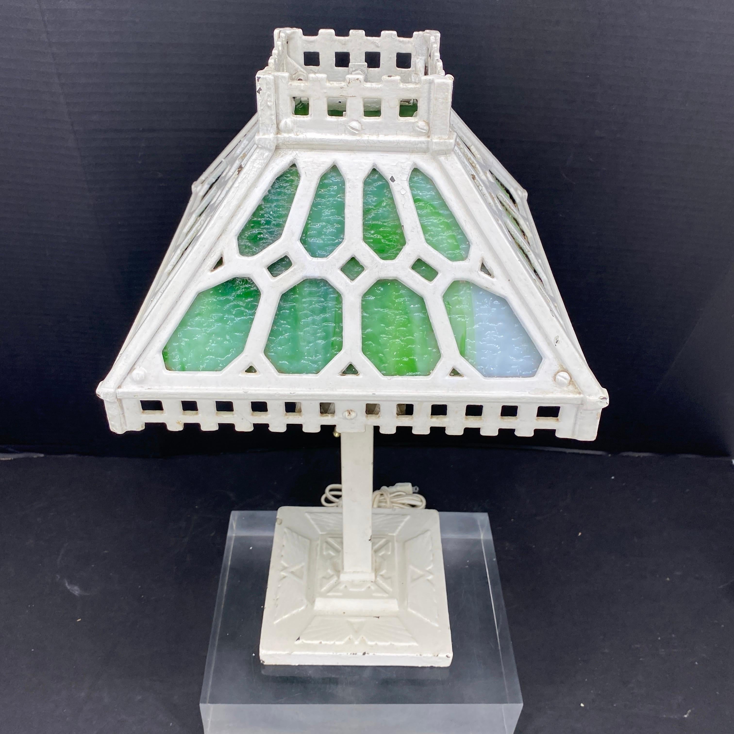 20th Century Arts and Crafts Mission Style Glass Iron Table Lamp
