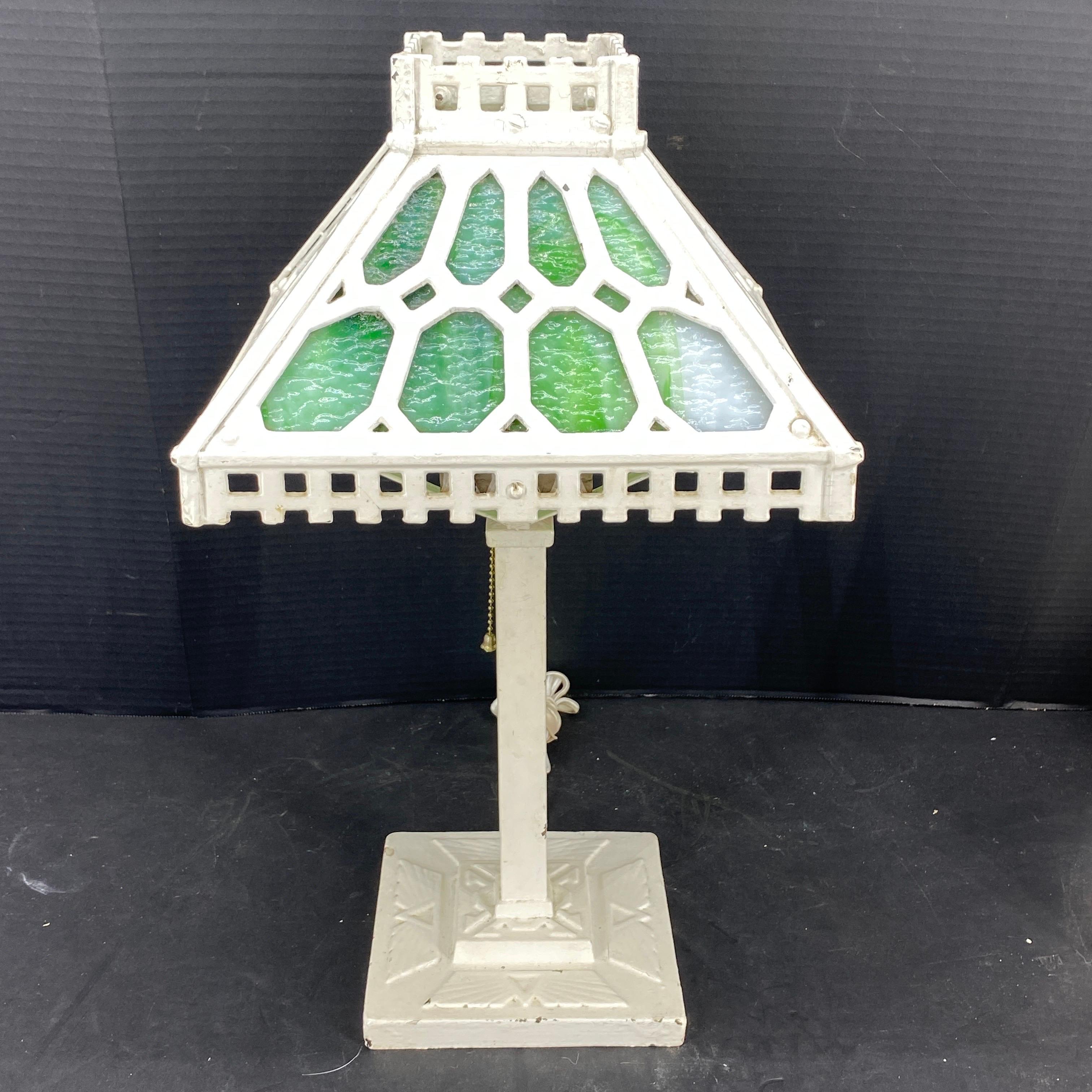 Slag Glass Arts and Crafts Mission Style Glass Iron Table Lamp