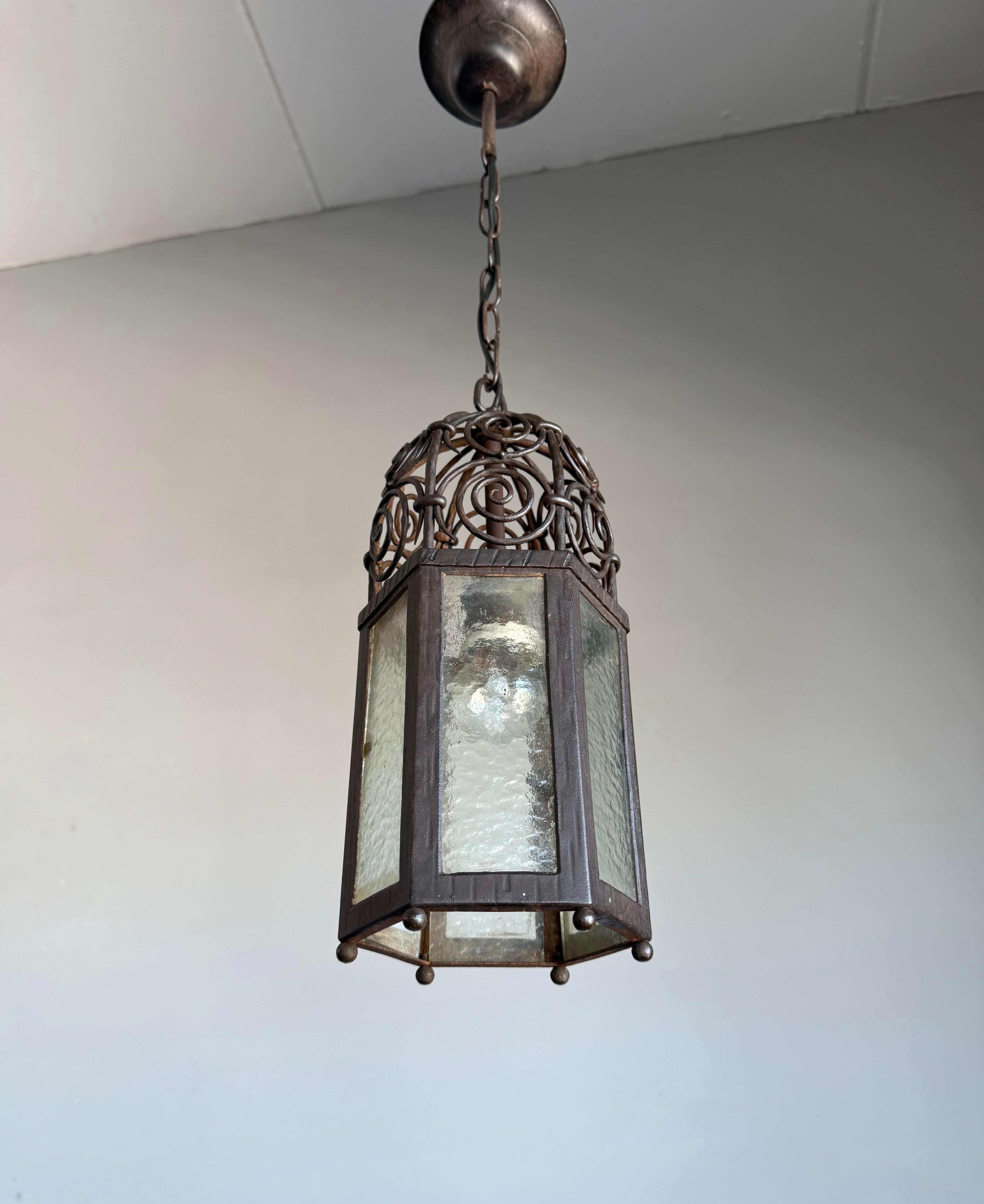 Arts and Crafts, Moorish Inspired Wrought Iron Lantern with Ornate Openwork Top For Sale 3