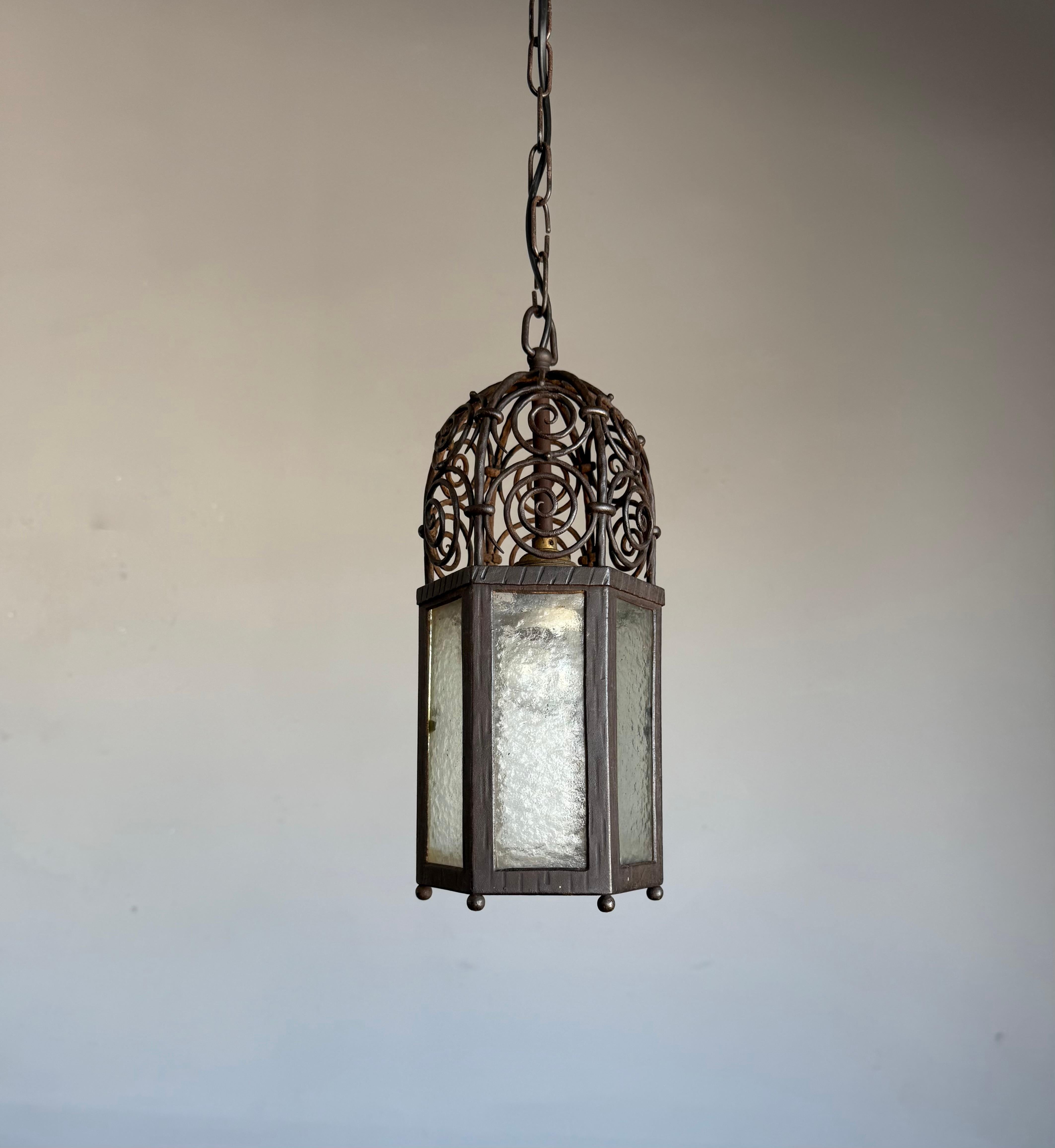 Arts and Crafts, Moorish Inspired Wrought Iron Lantern with Ornate Openwork Top For Sale 4