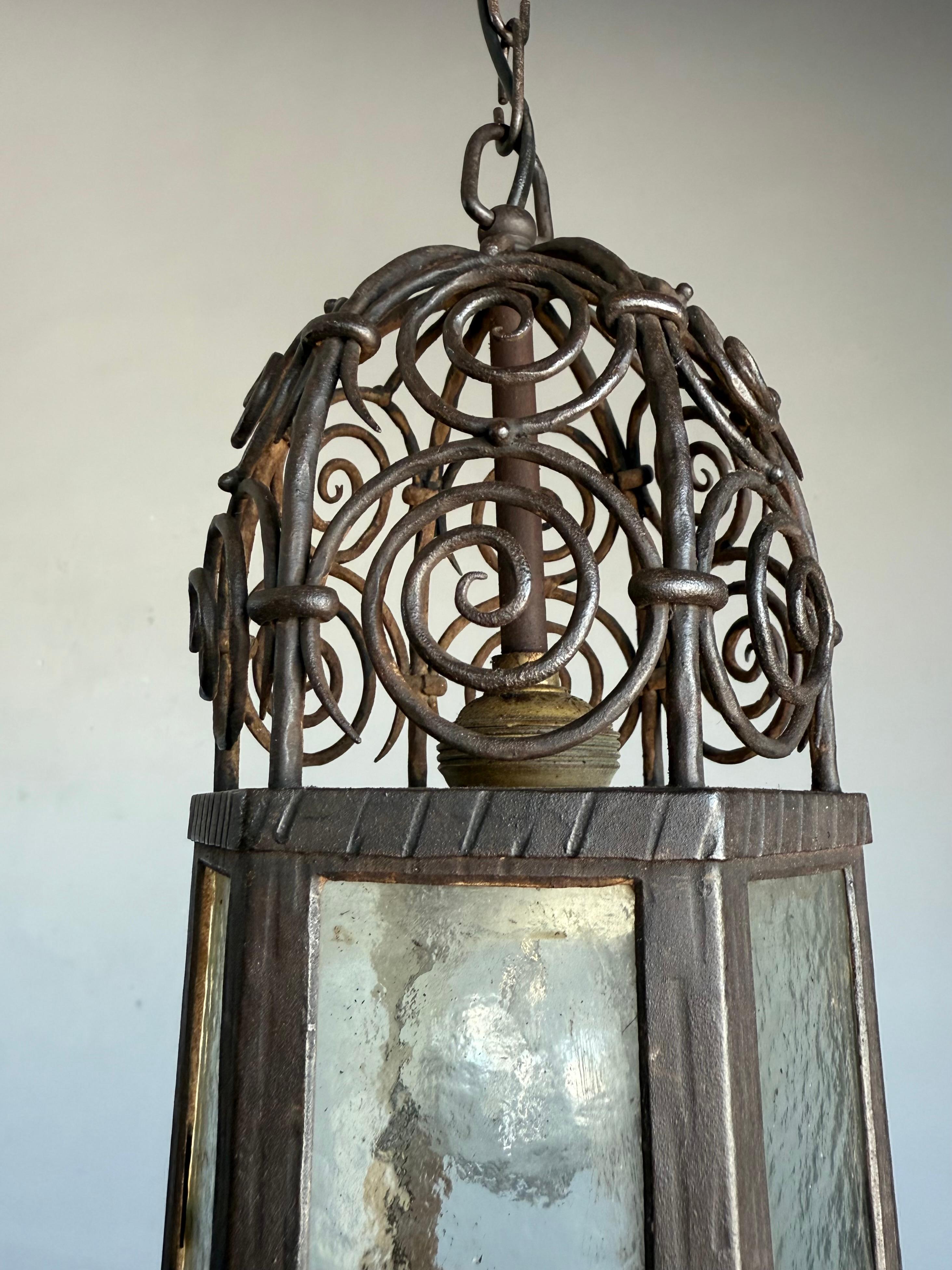 Arts and Crafts, Moorish Inspired Wrought Iron Lantern with Ornate Openwork Top For Sale 5