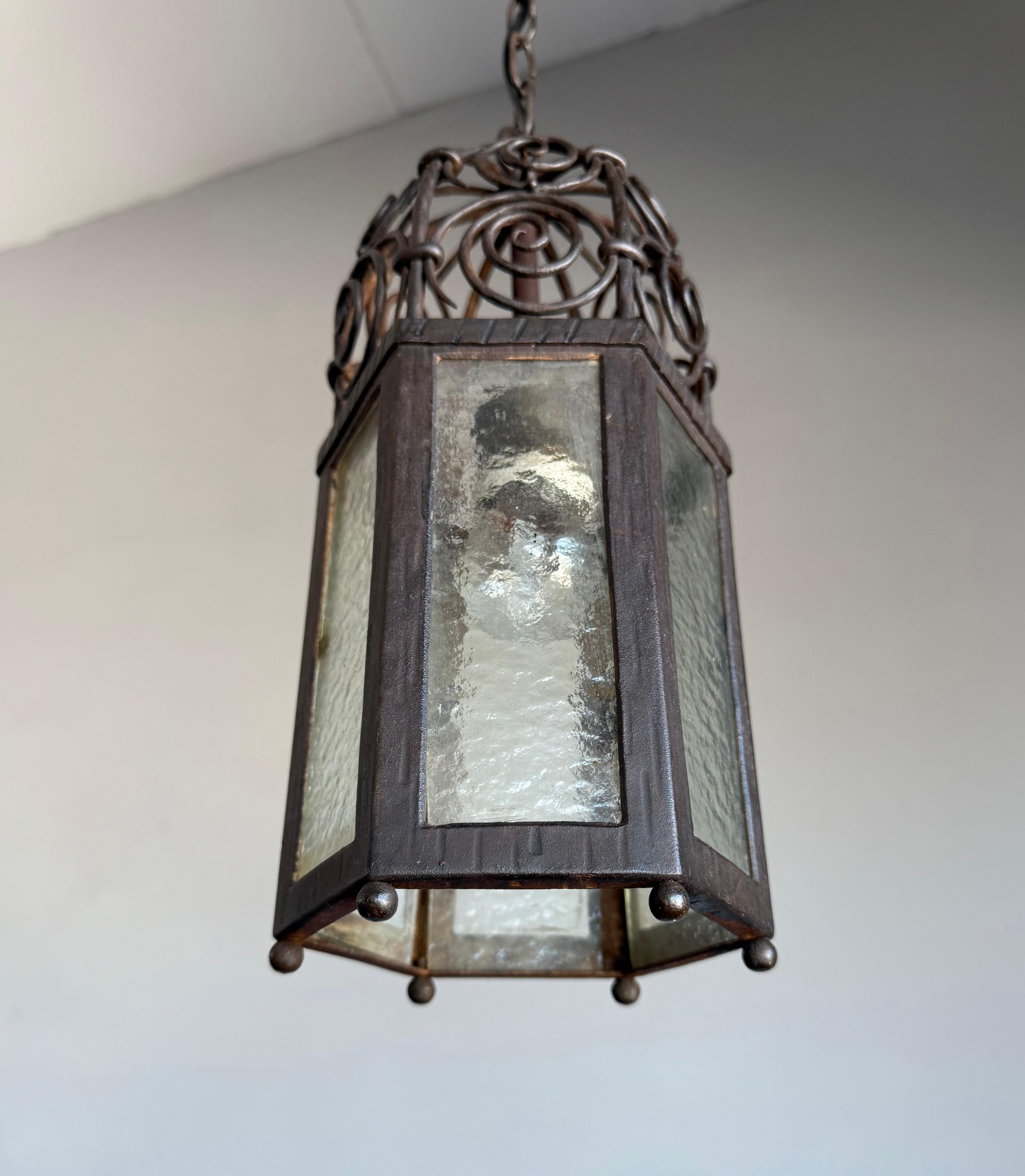Arts and Crafts, Moorish Inspired Wrought Iron Lantern with Ornate Openwork Top For Sale 6