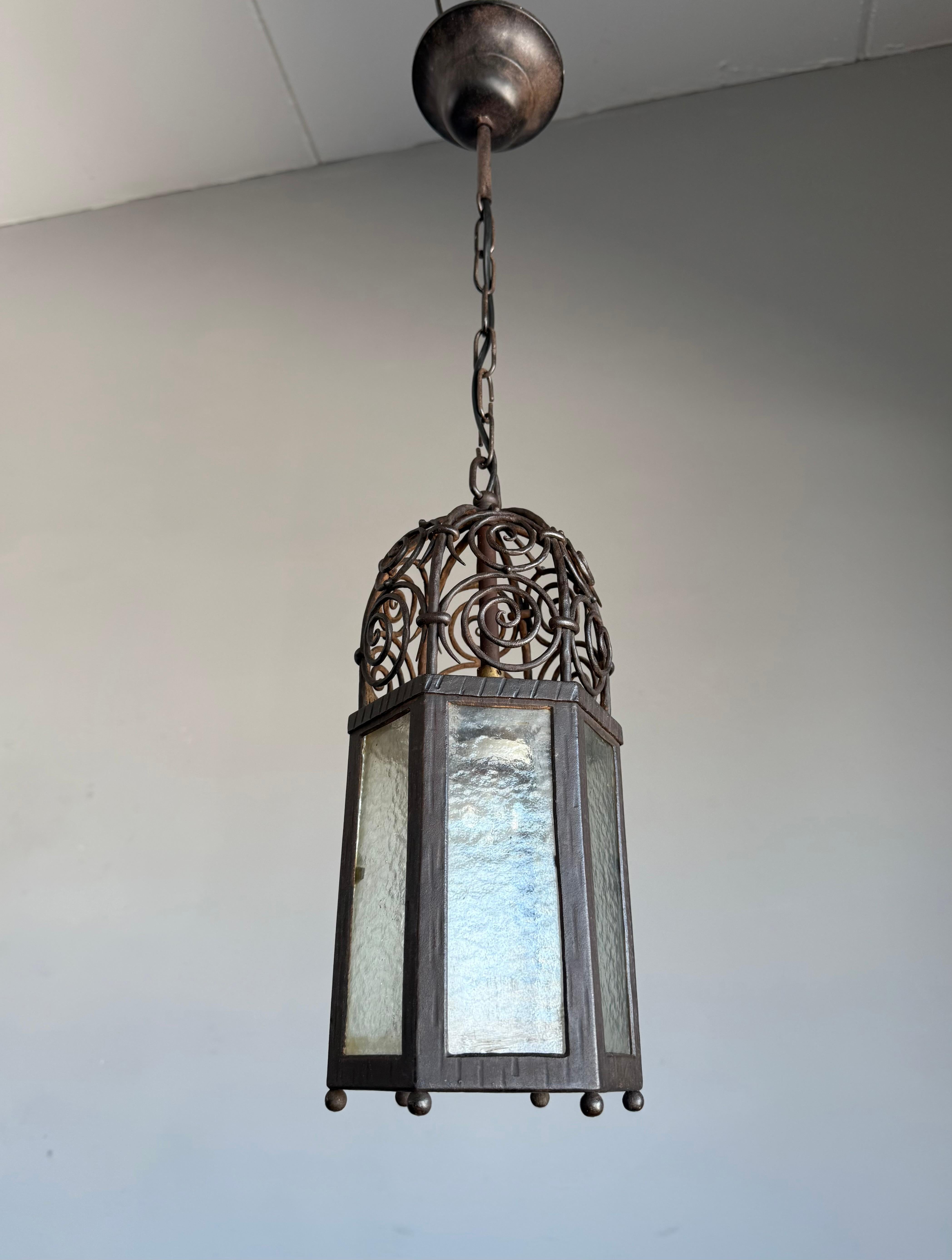Arts and Crafts, Moorish Inspired Wrought Iron Lantern with Ornate Openwork Top For Sale 7