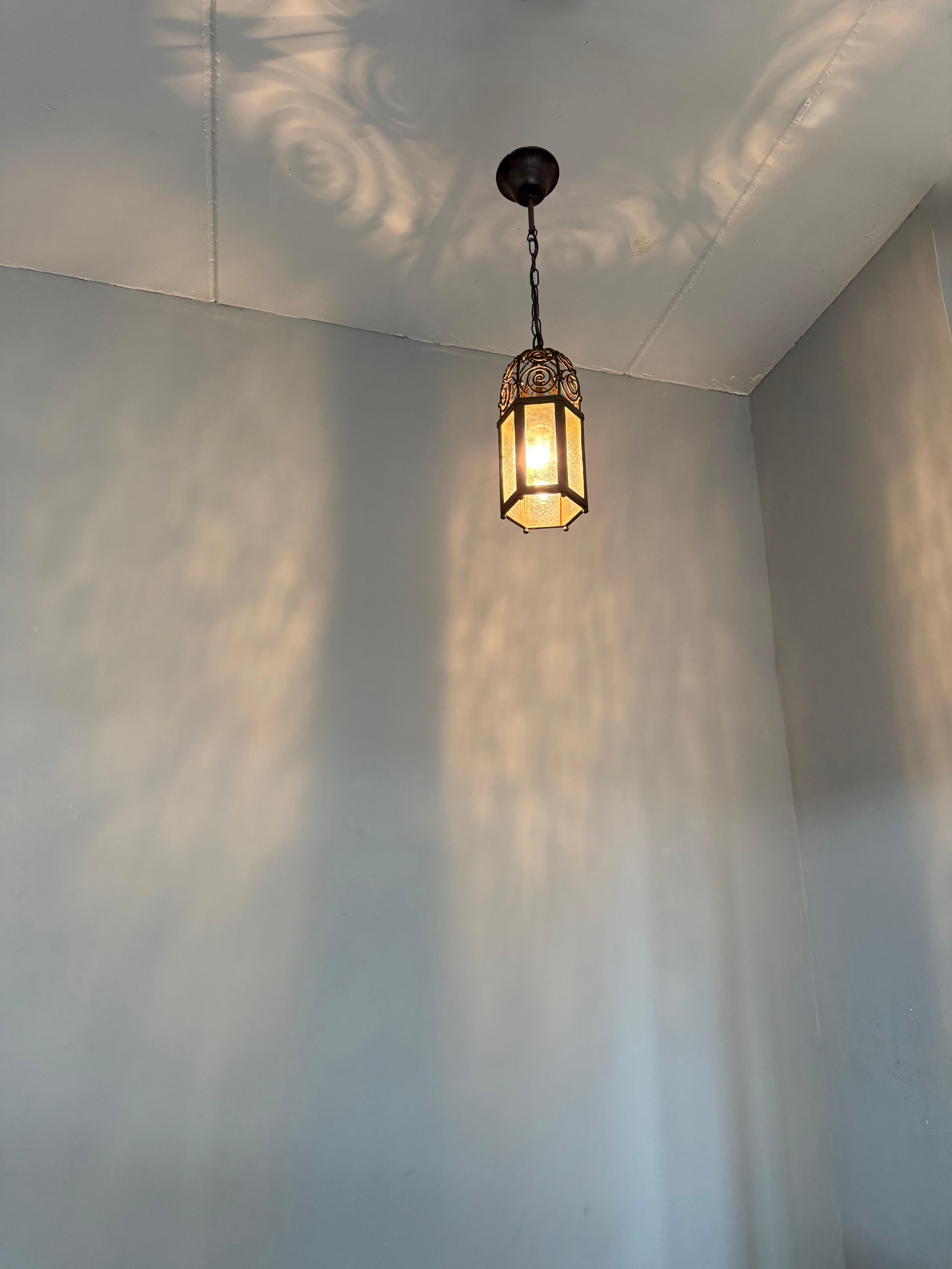 Arts and Crafts, Moorish Inspired Wrought Iron Lantern with Ornate Openwork Top For Sale 9