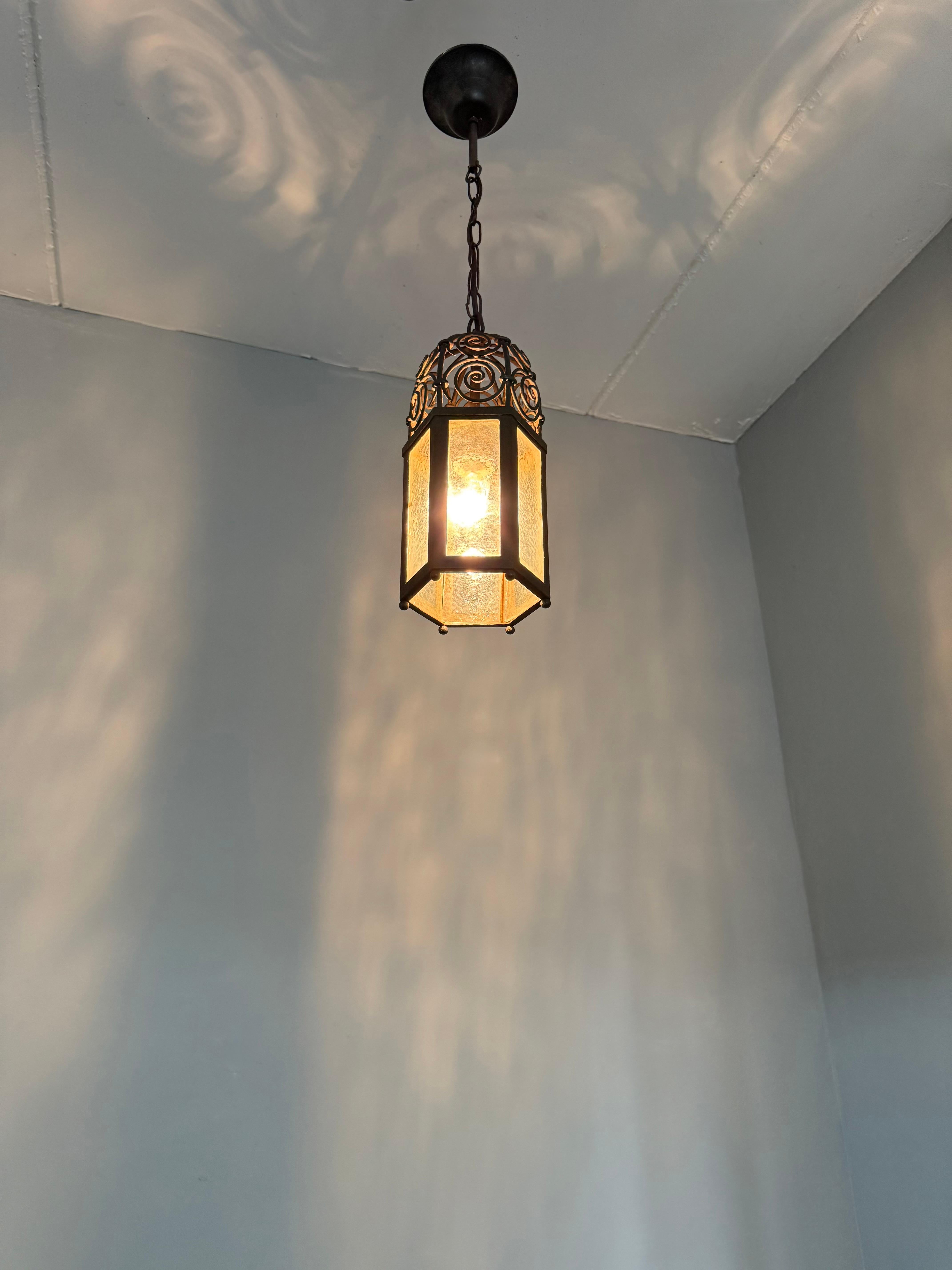 Arts and Crafts, Moorish Inspired Wrought Iron Lantern with Ornate Openwork Top For Sale 11