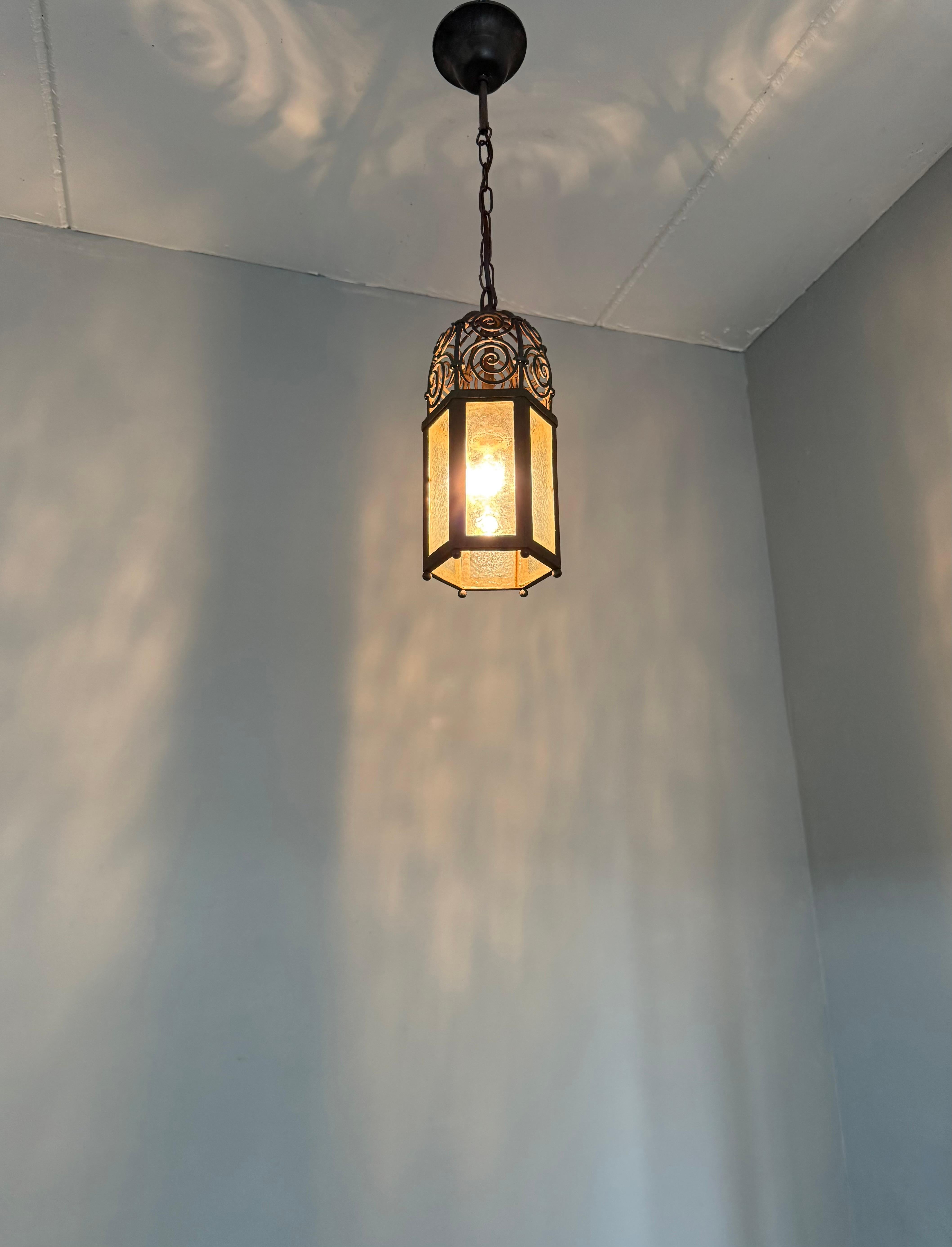 Arts and Crafts, Moorish Inspired Wrought Iron Lantern with Ornate Openwork Top For Sale 12