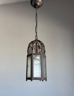 Arts and Crafts, Moorish Inspired Wrought Iron Lantern with Ornate Openwork Top