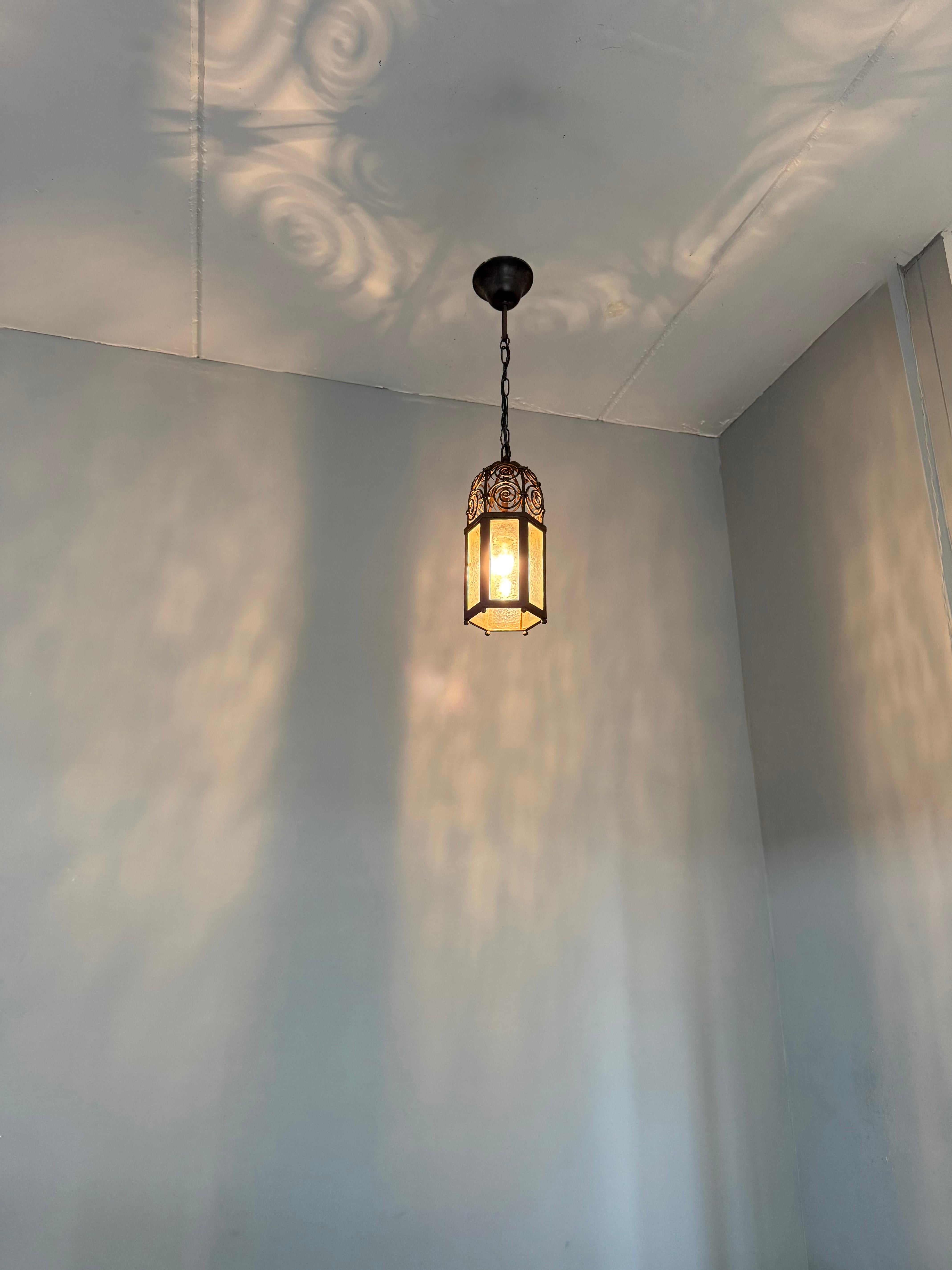 European Arts and Crafts, Moorish Inspired Wrought Iron Lantern with Ornate Openwork Top For Sale