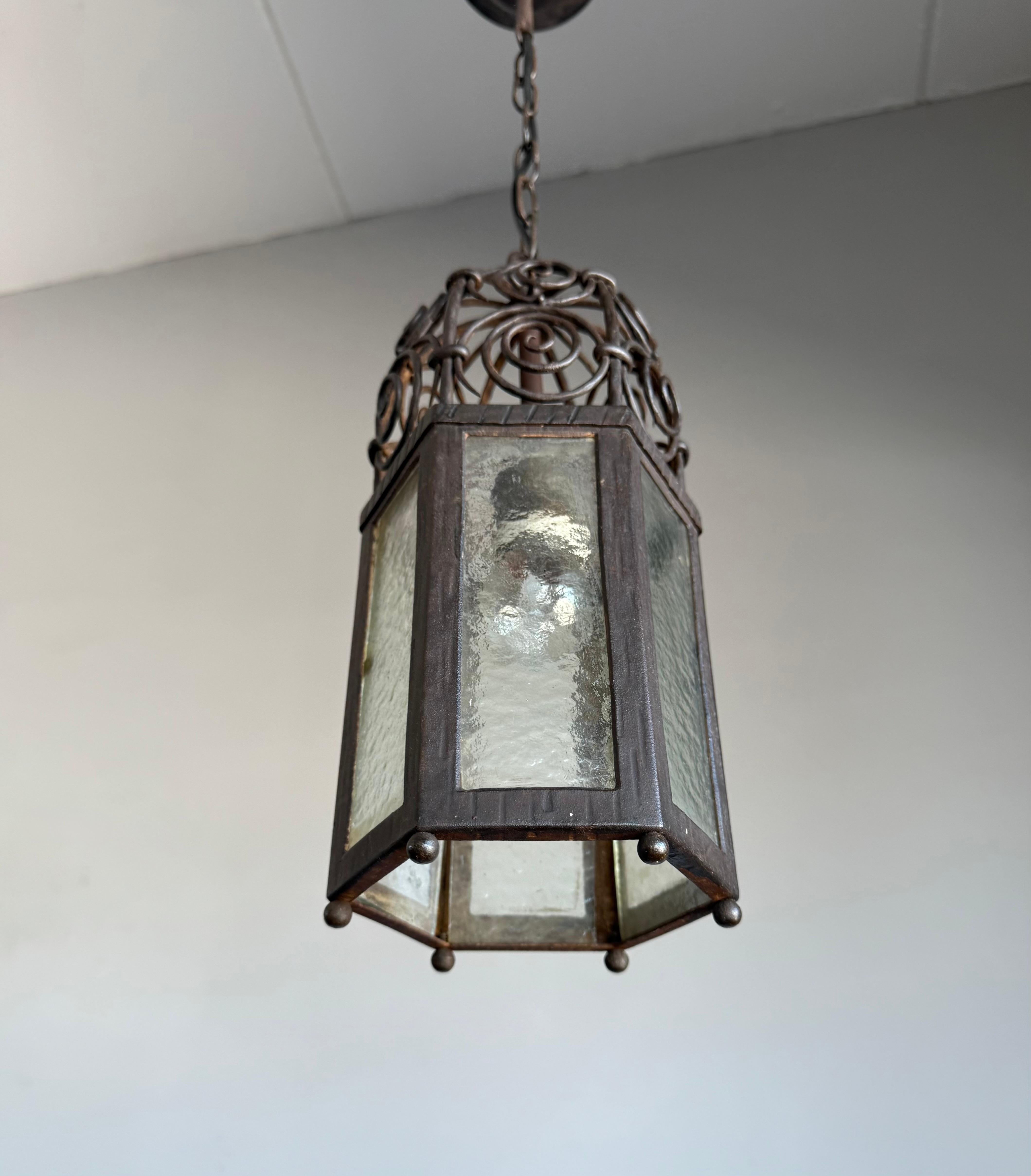 Arts and Crafts, Moorish Inspired Wrought Iron Lantern with Ornate Openwork Top For Sale 2