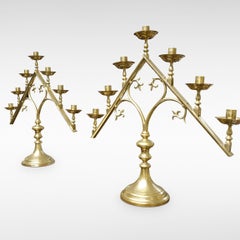 Arts & Crafts Movement Pair of Gothic Revival Brass Candelabra