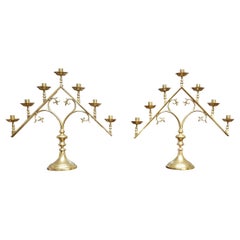 Arts & Crafts Movement Pair of Gothic Revival Brass Candelabra