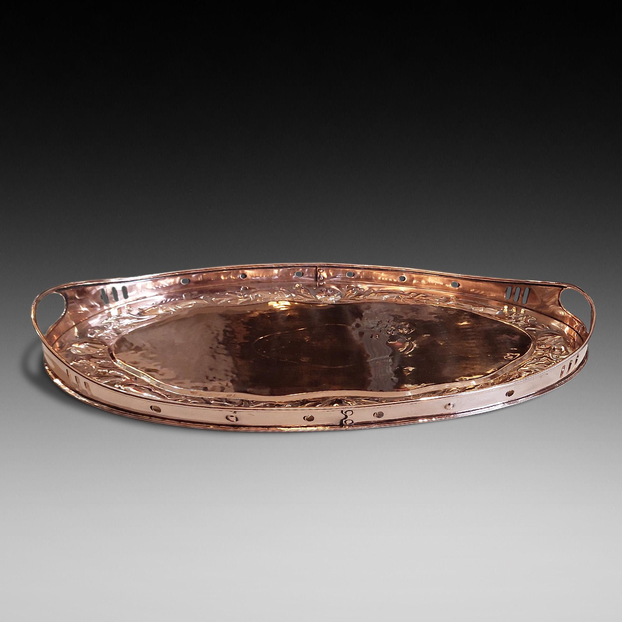 English Arts and Crafts Newlyn Copper Oval Embossed Tray