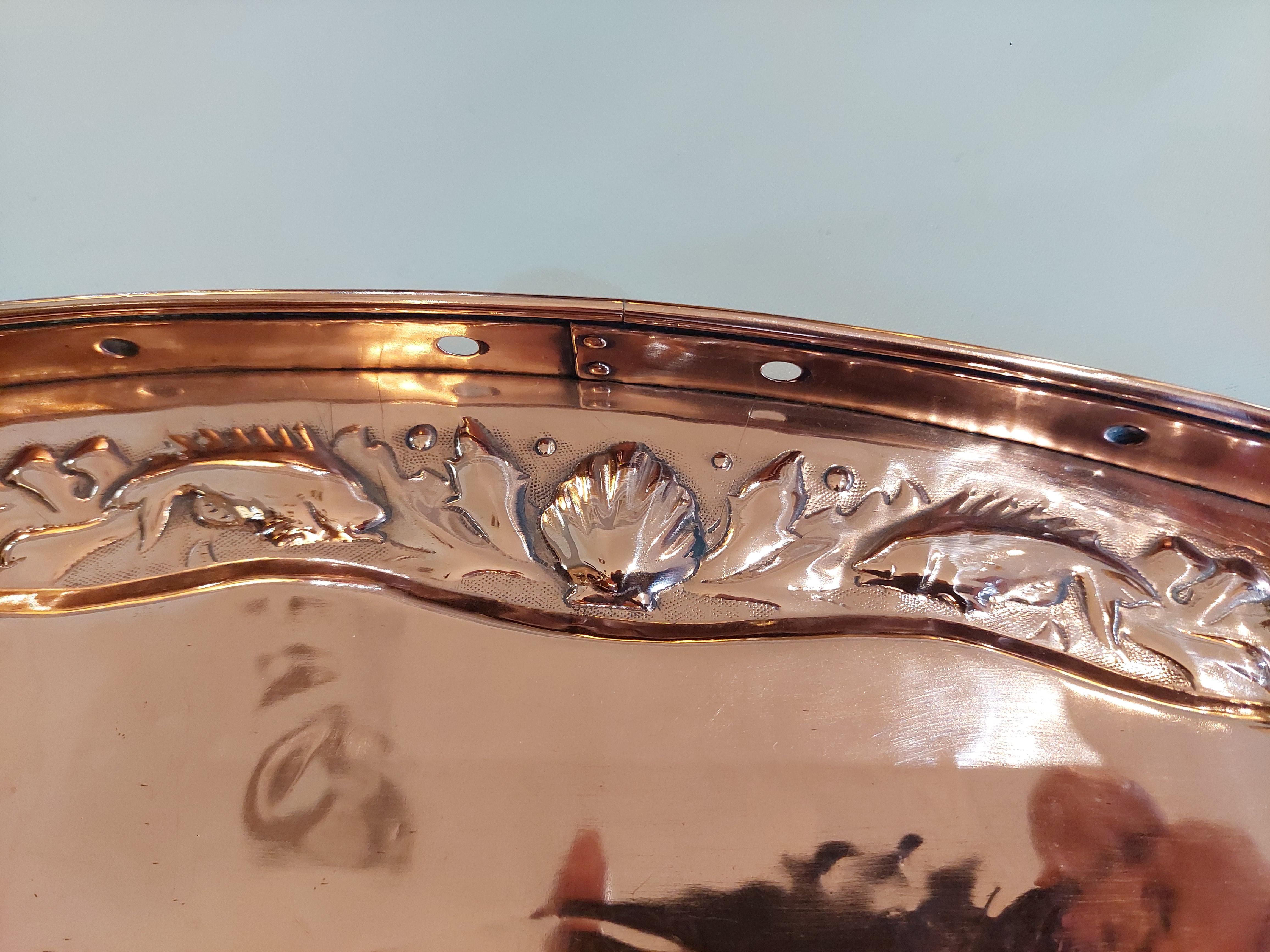 Arts and Crafts Newlyn Copper Oval Embossed Tray In Good Condition In Altrincham, GB