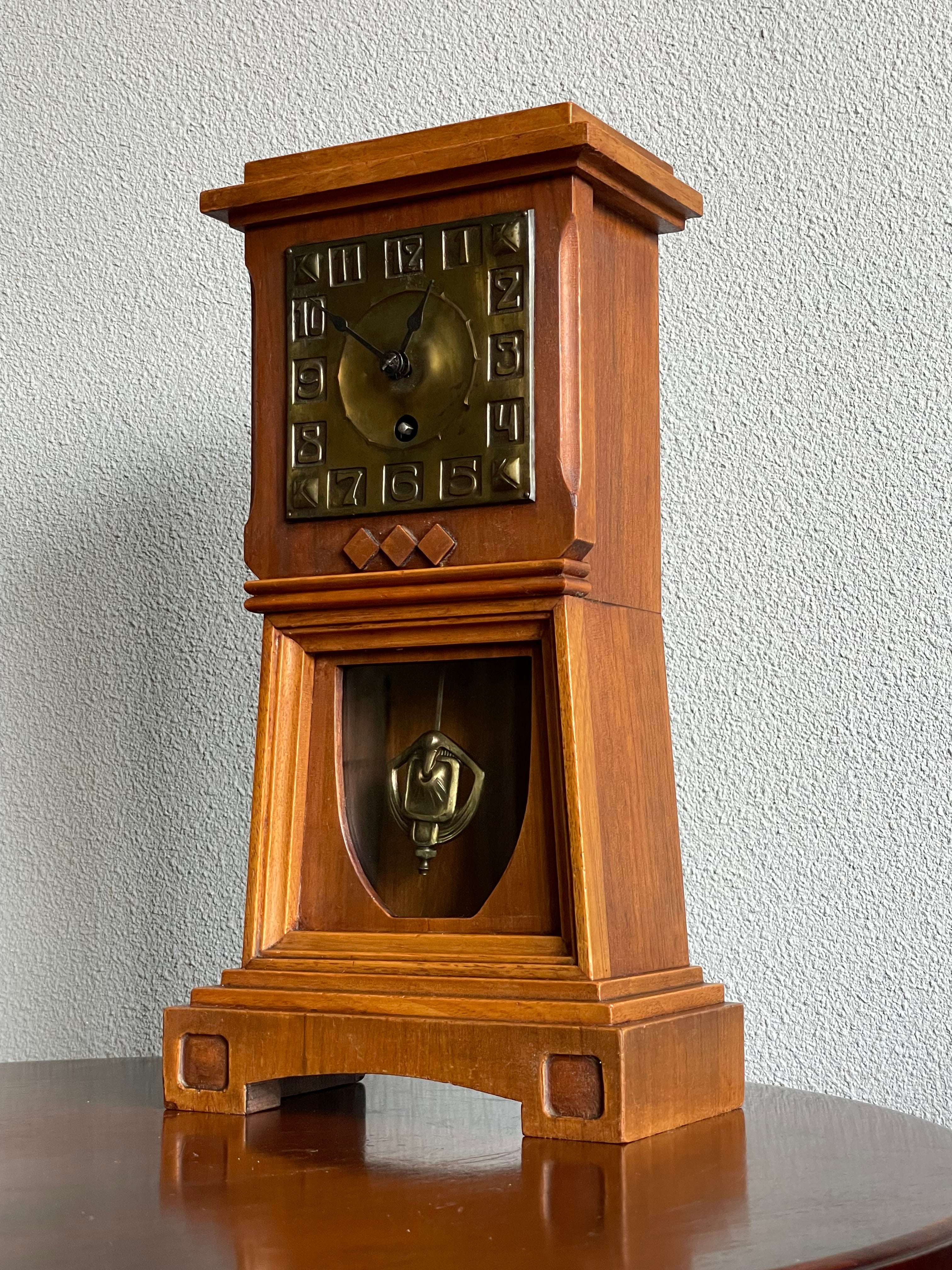 Arts and Crafts Nutwood Mantel or Table Clock with an Embossed Brass Dial Face For Sale 1
