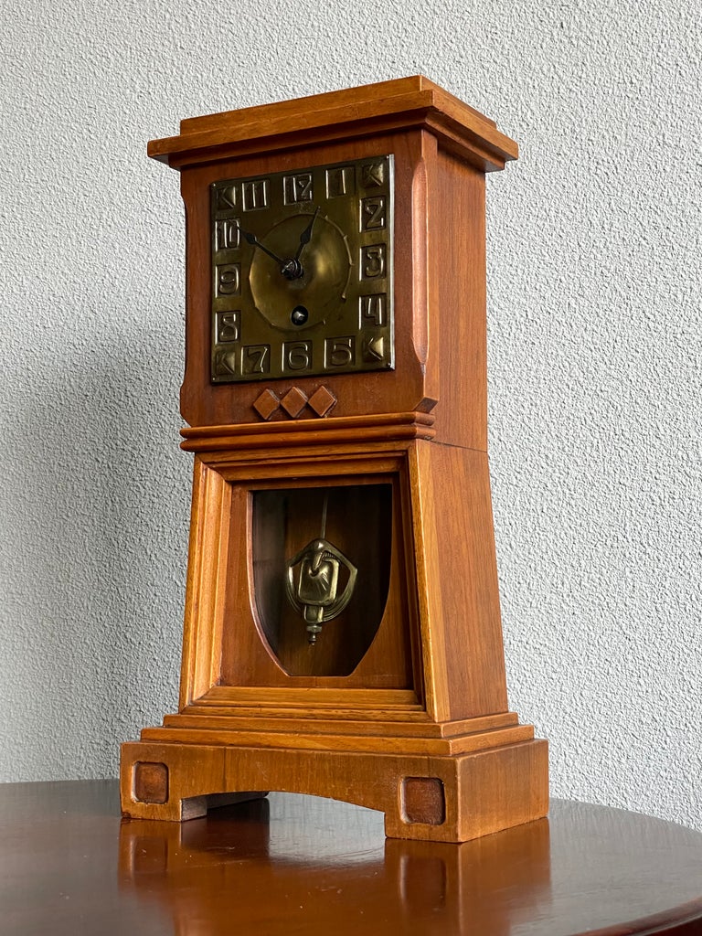 Arts and Crafts Nutwood Mantel or Table Clock with an Embossed Brass