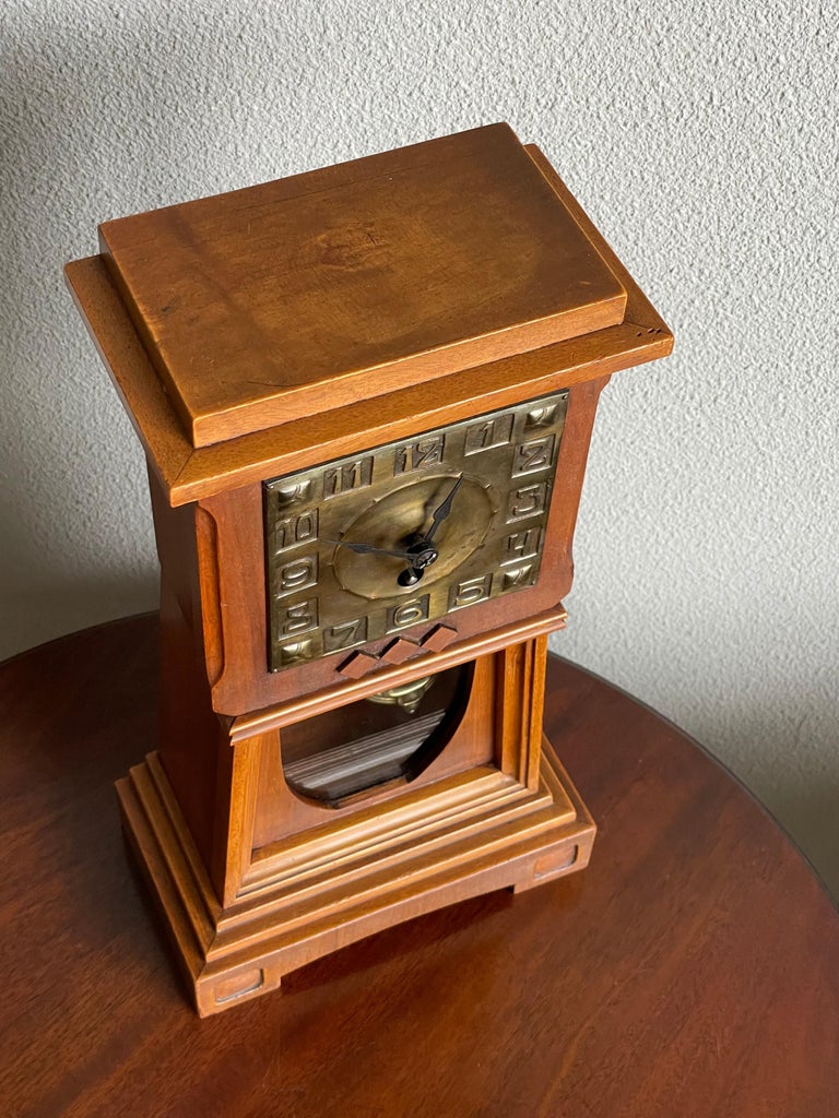 Arts and Crafts Nutwood Mantel or Table Clock with an Embossed Brass