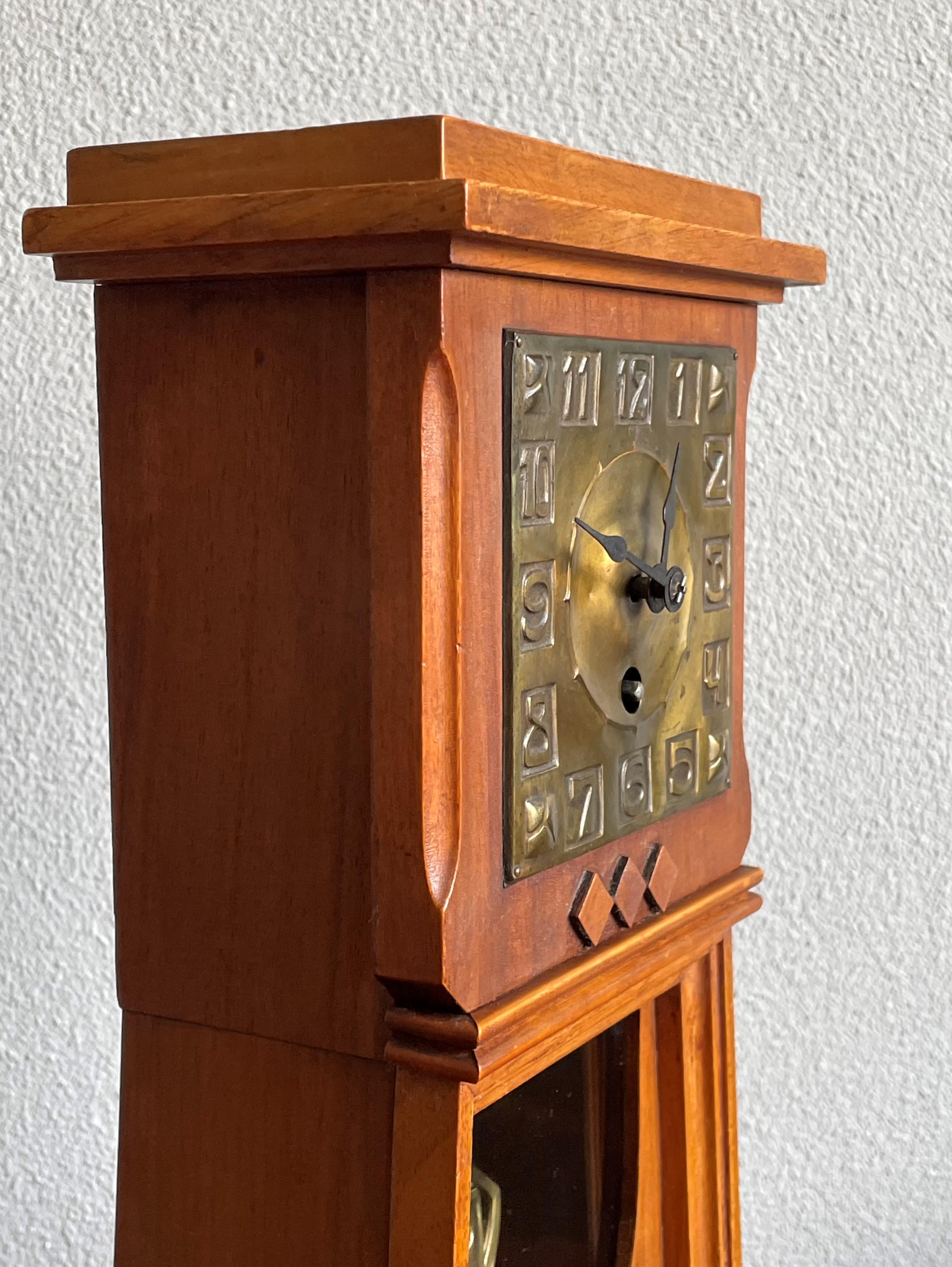 Arts and Crafts Nutwood Mantel or Table Clock with an Embossed Brass Dial Face For Sale 4