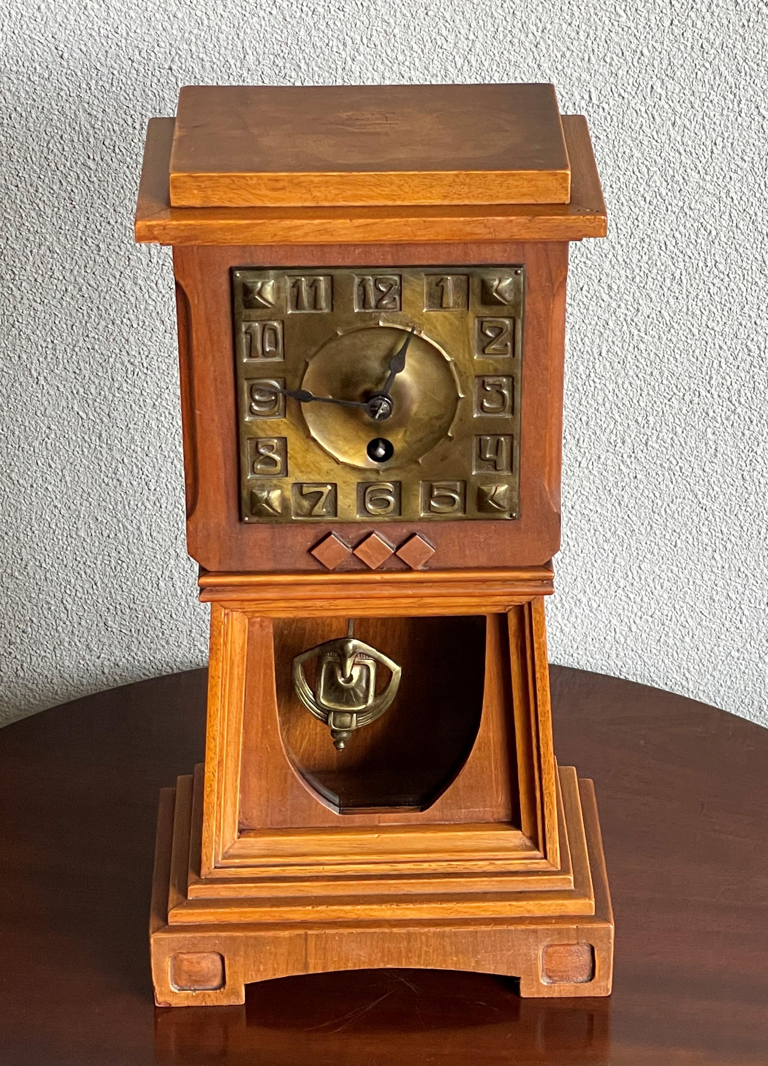 Arts and Crafts Nutwood Mantel or Table Clock with an Embossed Brass Dial Face For Sale 11