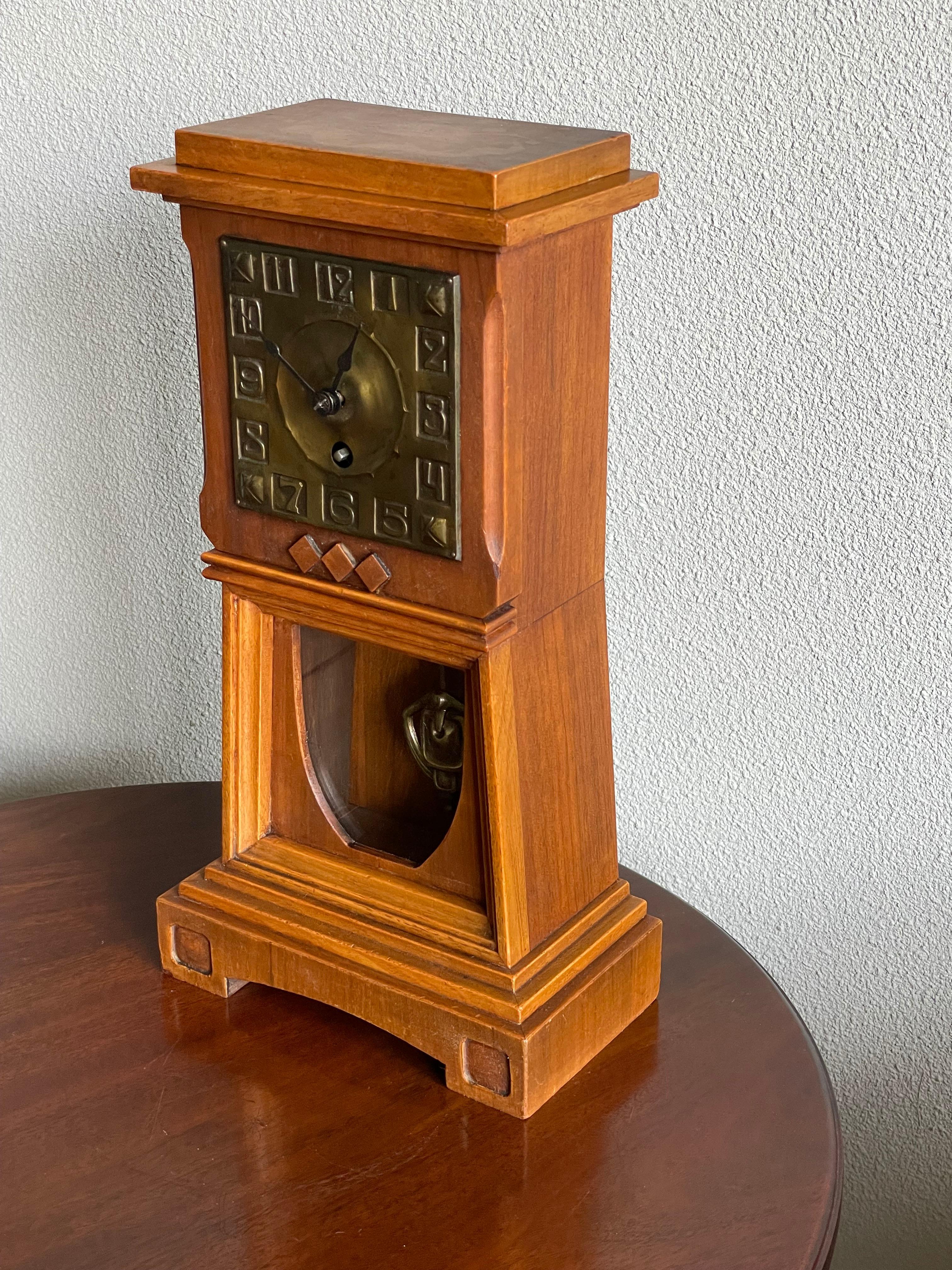 Arts and Crafts Nutwood Mantel or Table Clock with an Embossed Brass Dial Face For Sale 12