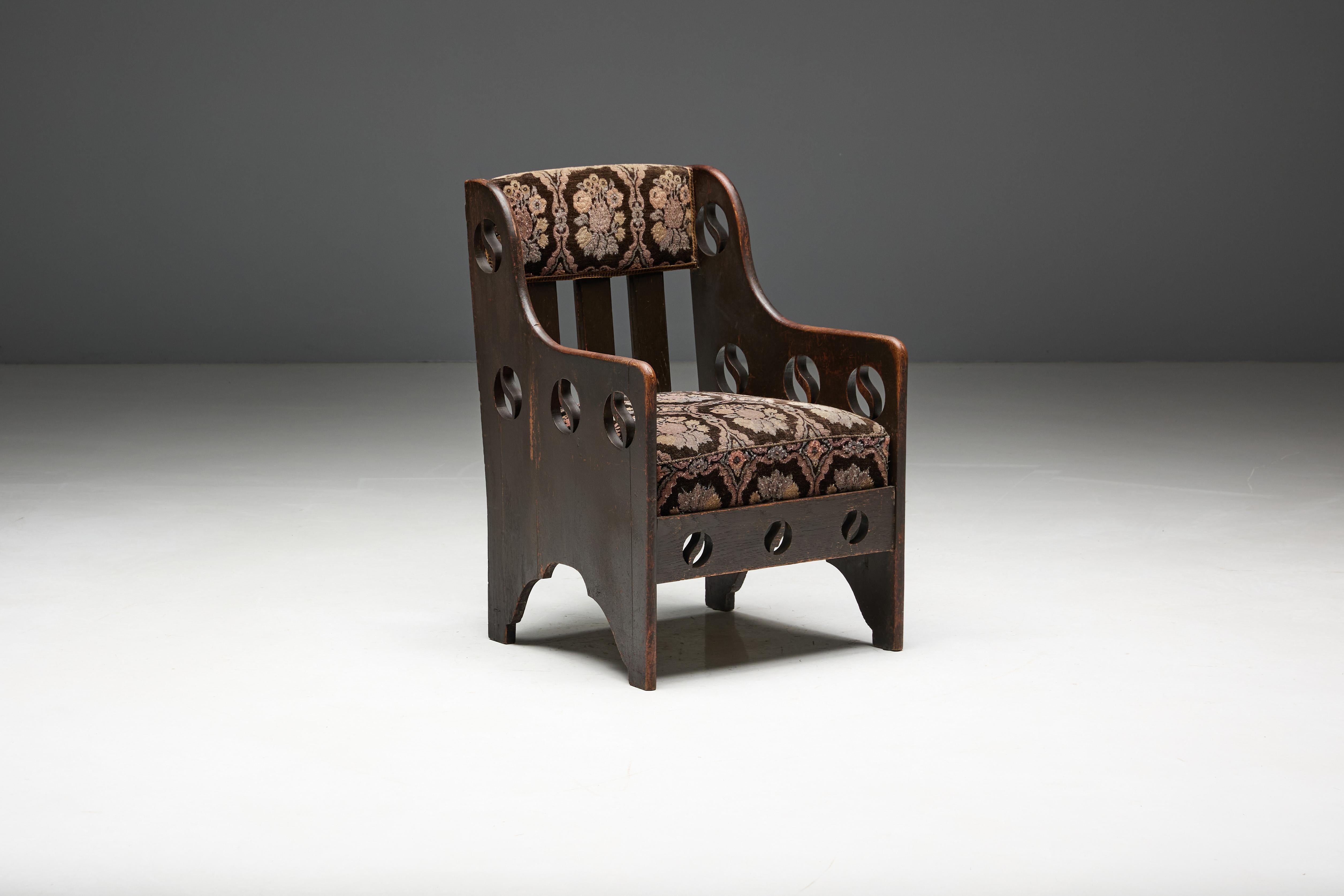 Velvet Arts and Crafts Oak Armchair, UK, 1900s For Sale