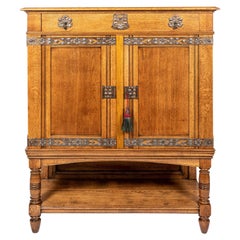 Antique Arts and Crafts Oak Cabinet with Silvered Bronze Hinges and Handles, Dutch circa