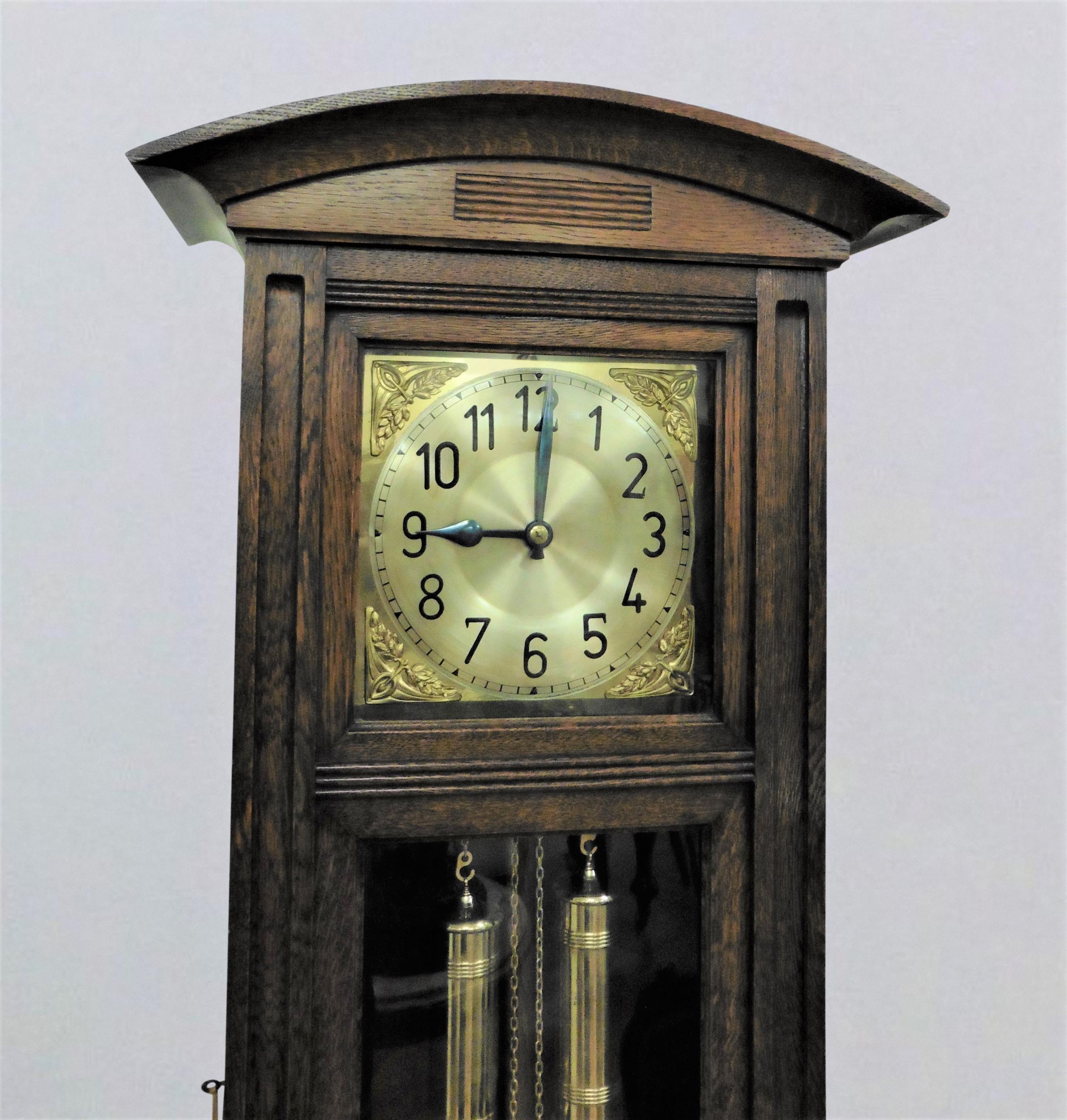 British Arts and Crafts Oak Cased Longcase Clock For Sale