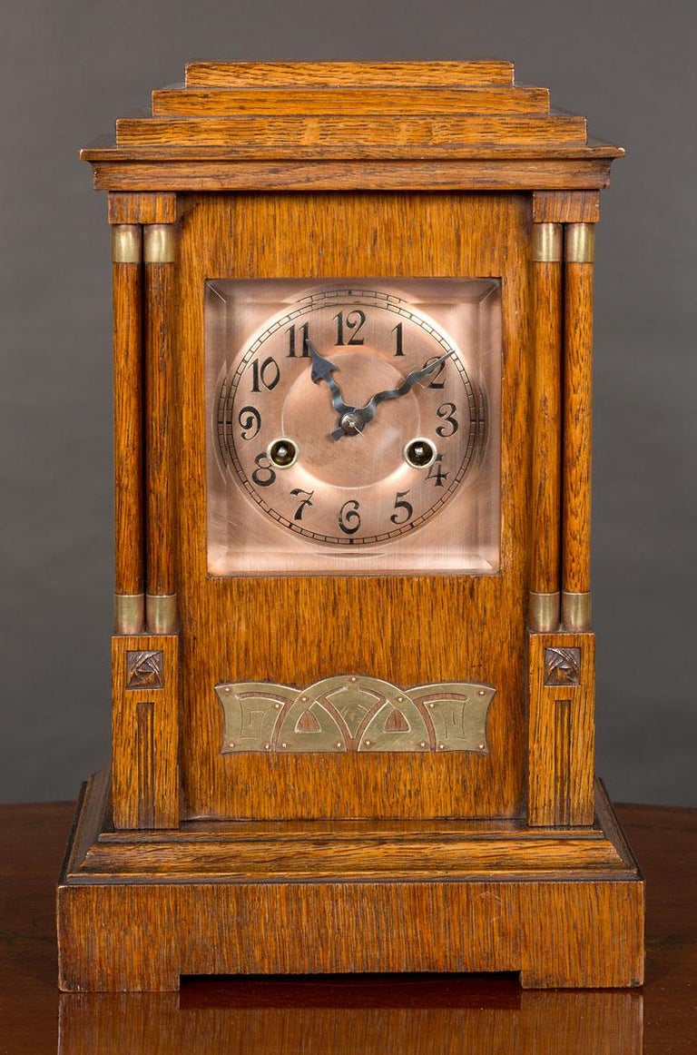 Arts and Crafts Oak Cased Mantel Clock with Copper Dial For Sale at