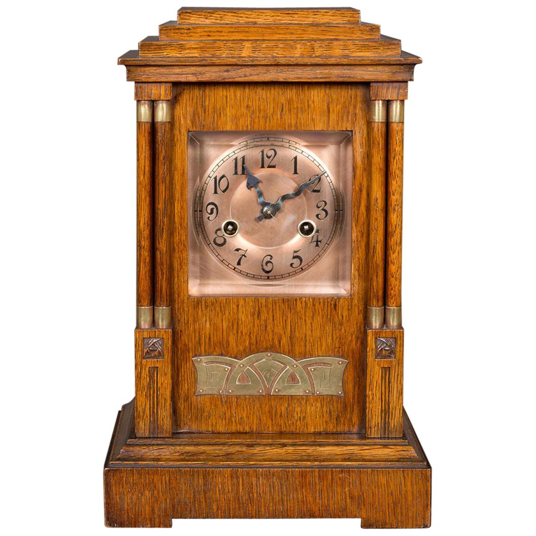 Arts & Crafts Oak Cased Mantel Clock with Copper Dial For Sale