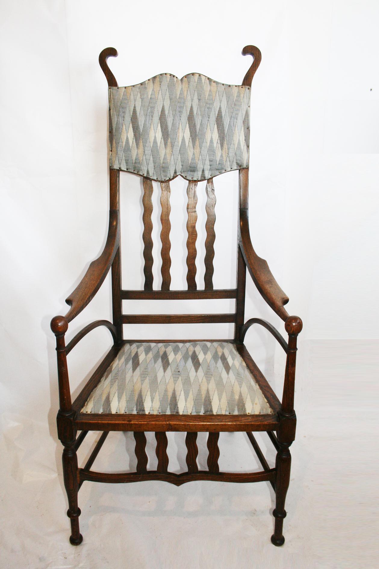 Armchair J. S. Henry Arts and Craft Oak with Period Fabric For Sale 9