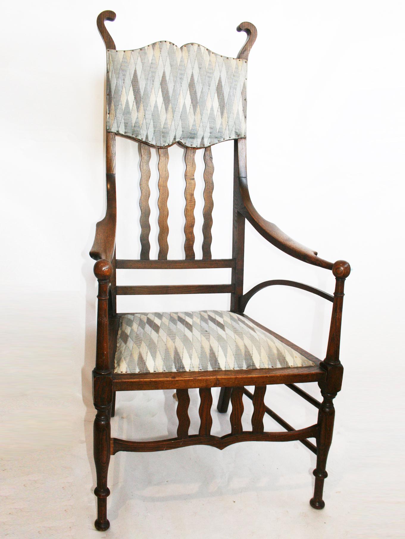 Armchair J. S. Henry Arts and Craft Oak with Period Fabric For Sale 12