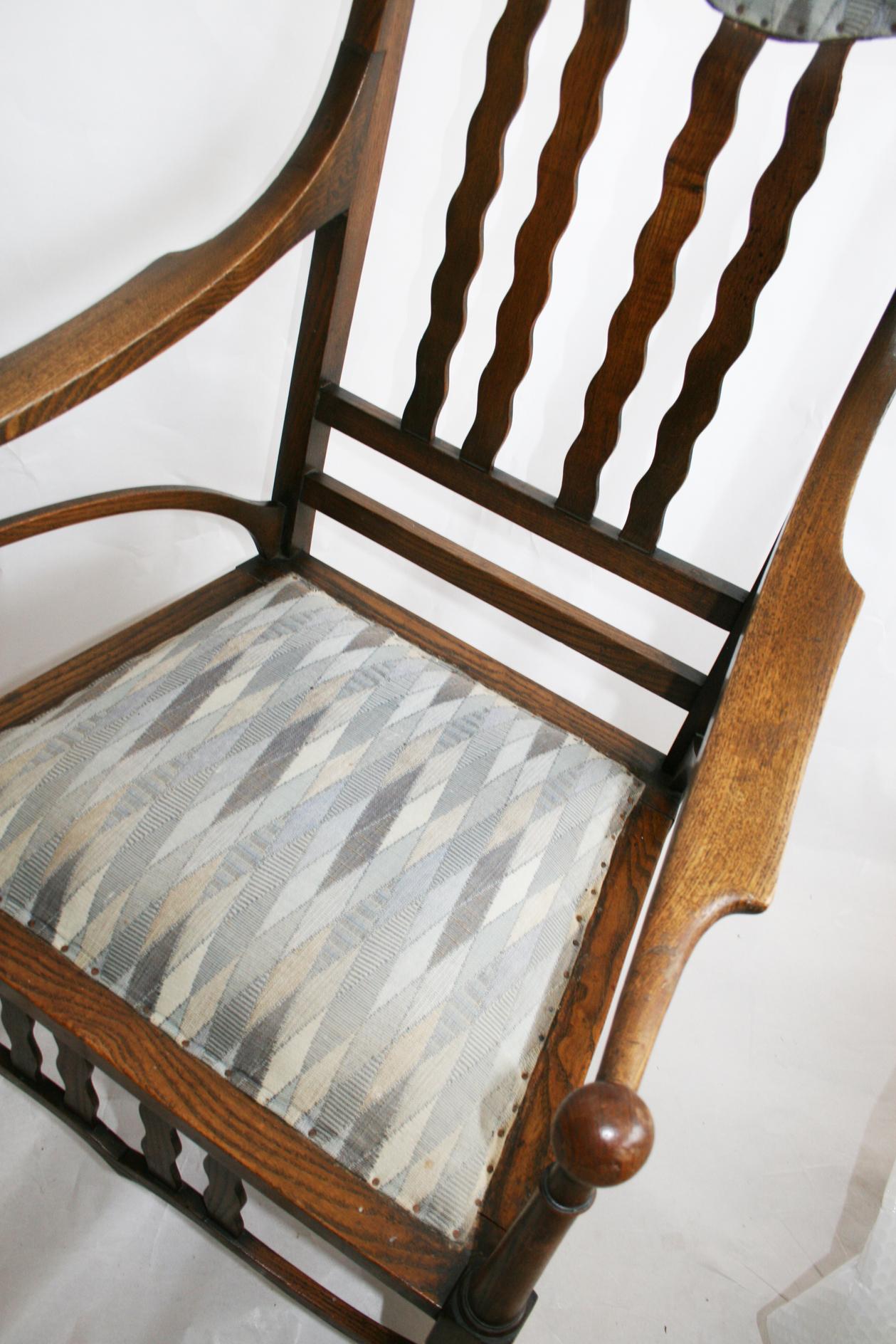 Armchair J. S. Henry Arts and Craft Oak with Period Fabric In Excellent Condition For Sale In Mombuey, Zamora