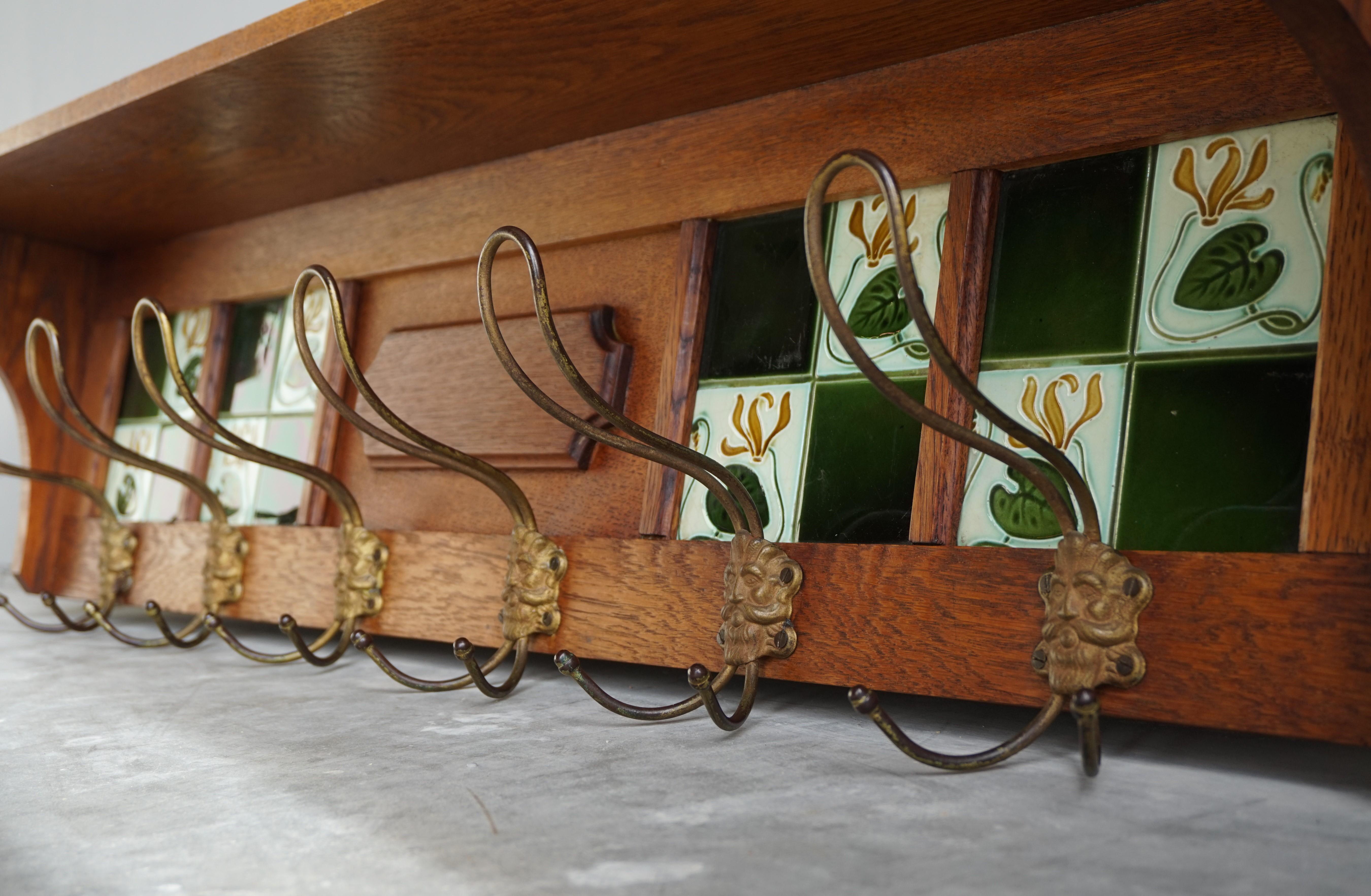 Arts & Crafts Oak Coat Rack with Majolica Glazed Lily Flower Tiles & Brass Hooks For Sale 4