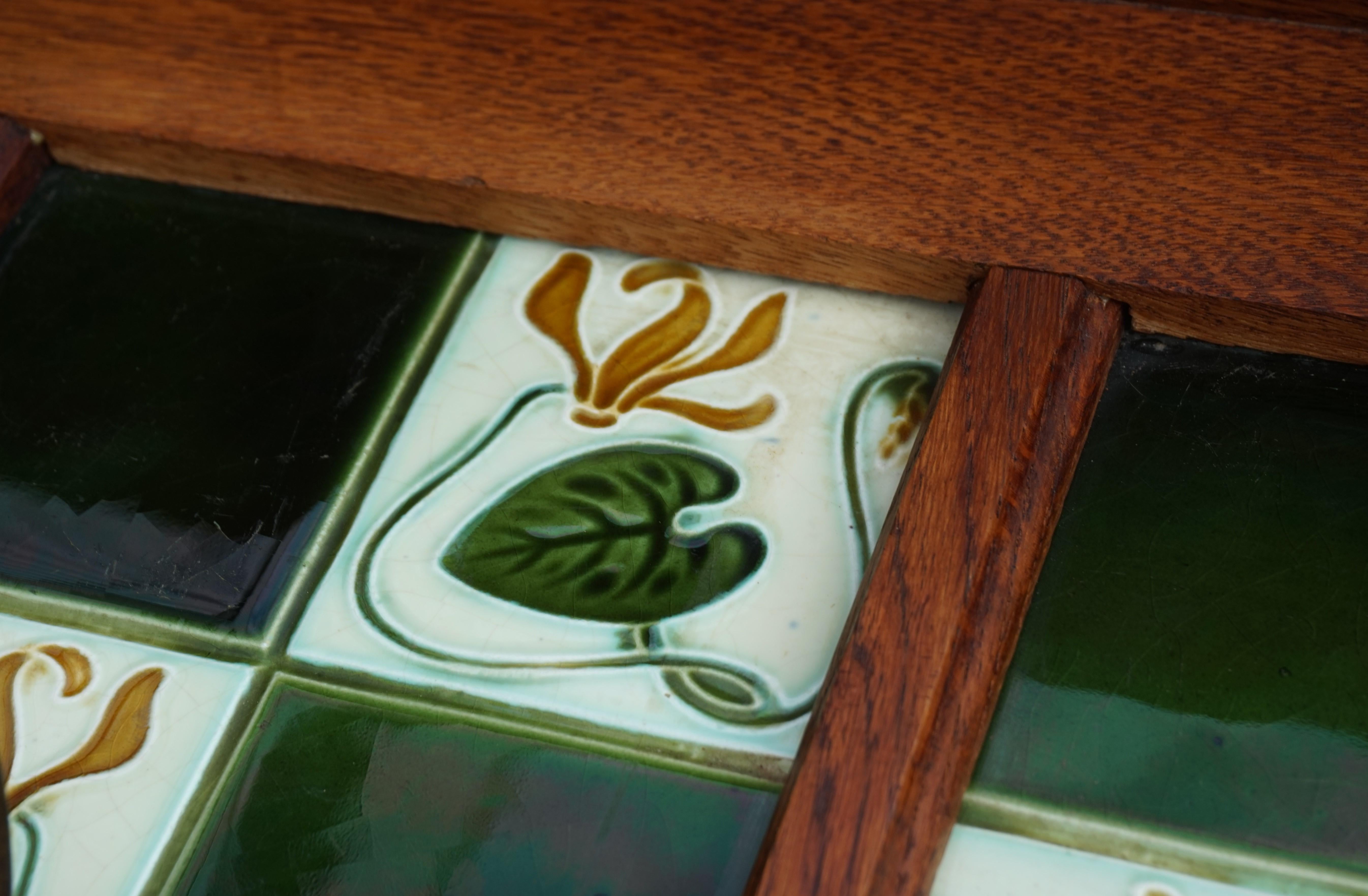 Arts & Crafts Oak Coat Rack with Majolica Glazed Lily Flower Tiles & Brass Hooks For Sale 9
