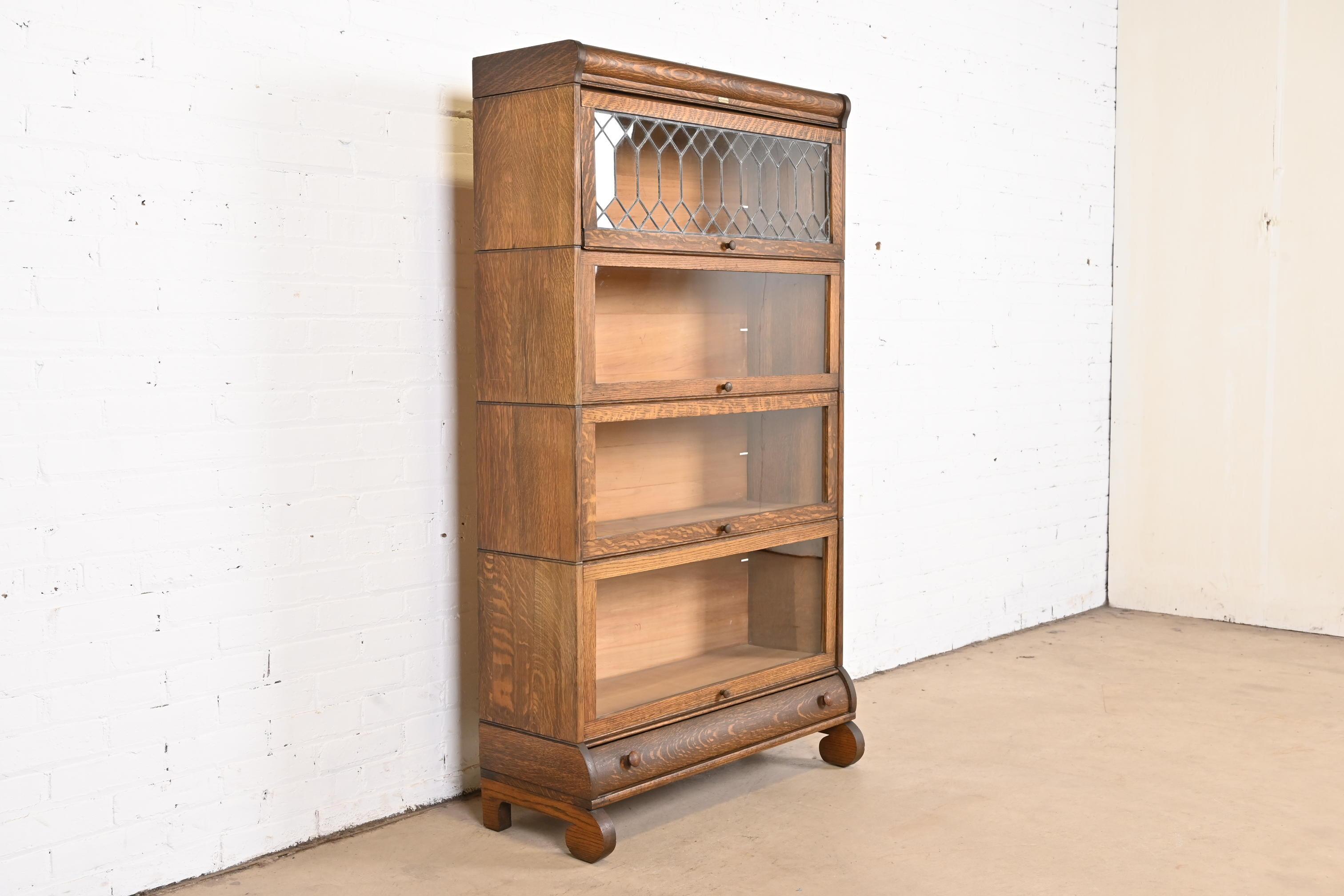 American Arts and Crafts Oak Four-Stack Barrister Bookcase with Leaded Glass by Lundstrom