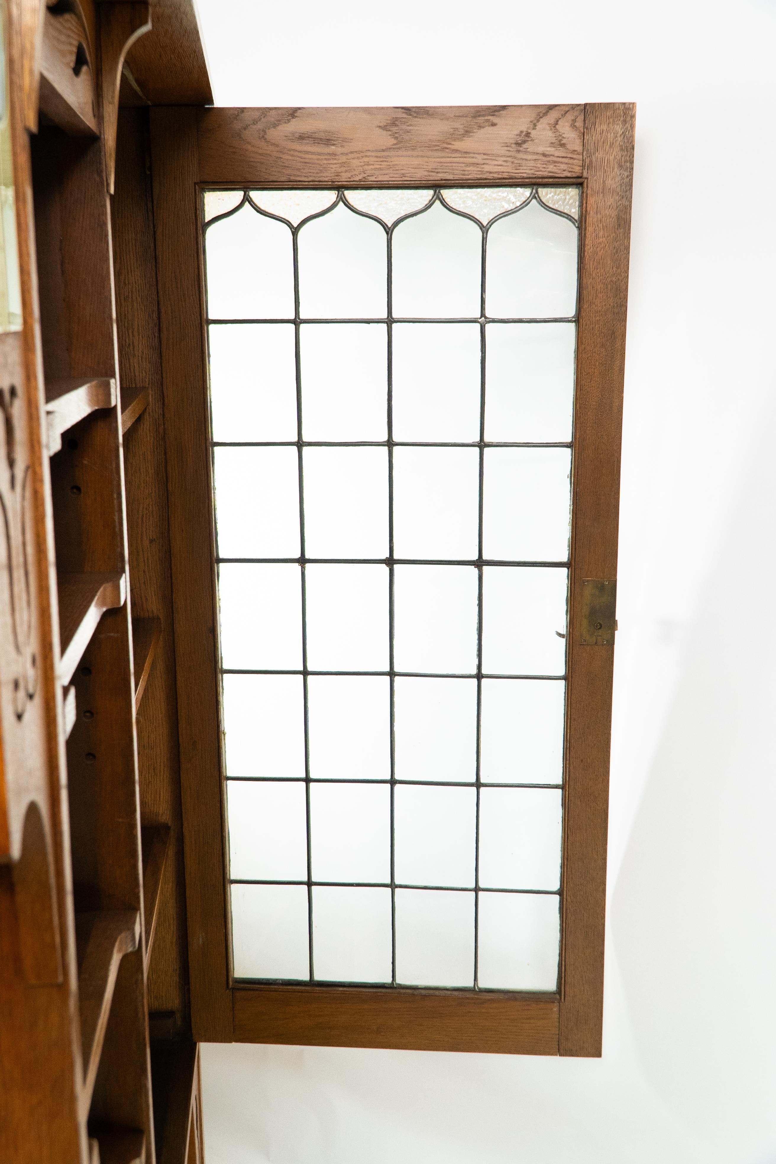 Arts and Crafts Oak Glazed Bookcase with inset period tiles For Sale 14