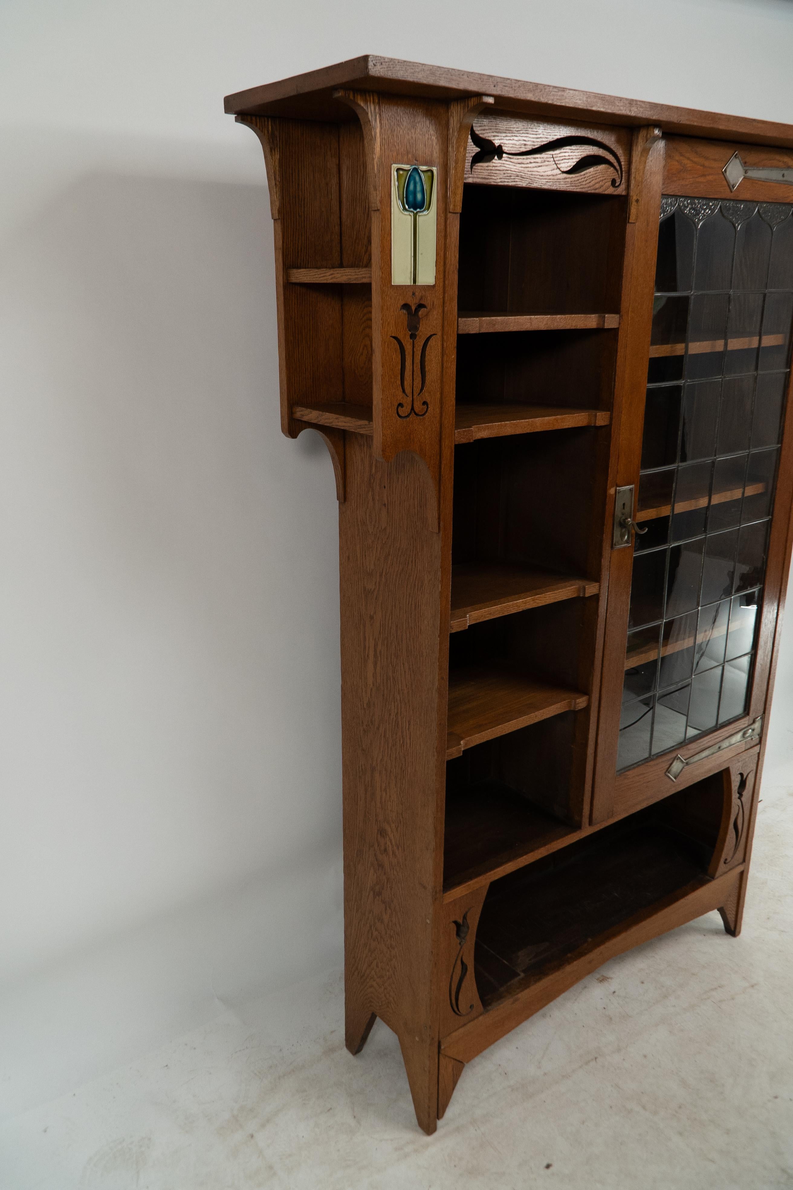 Arts and Crafts Oak Glazed Bookcase with inset period tiles In Good Condition In London, GB