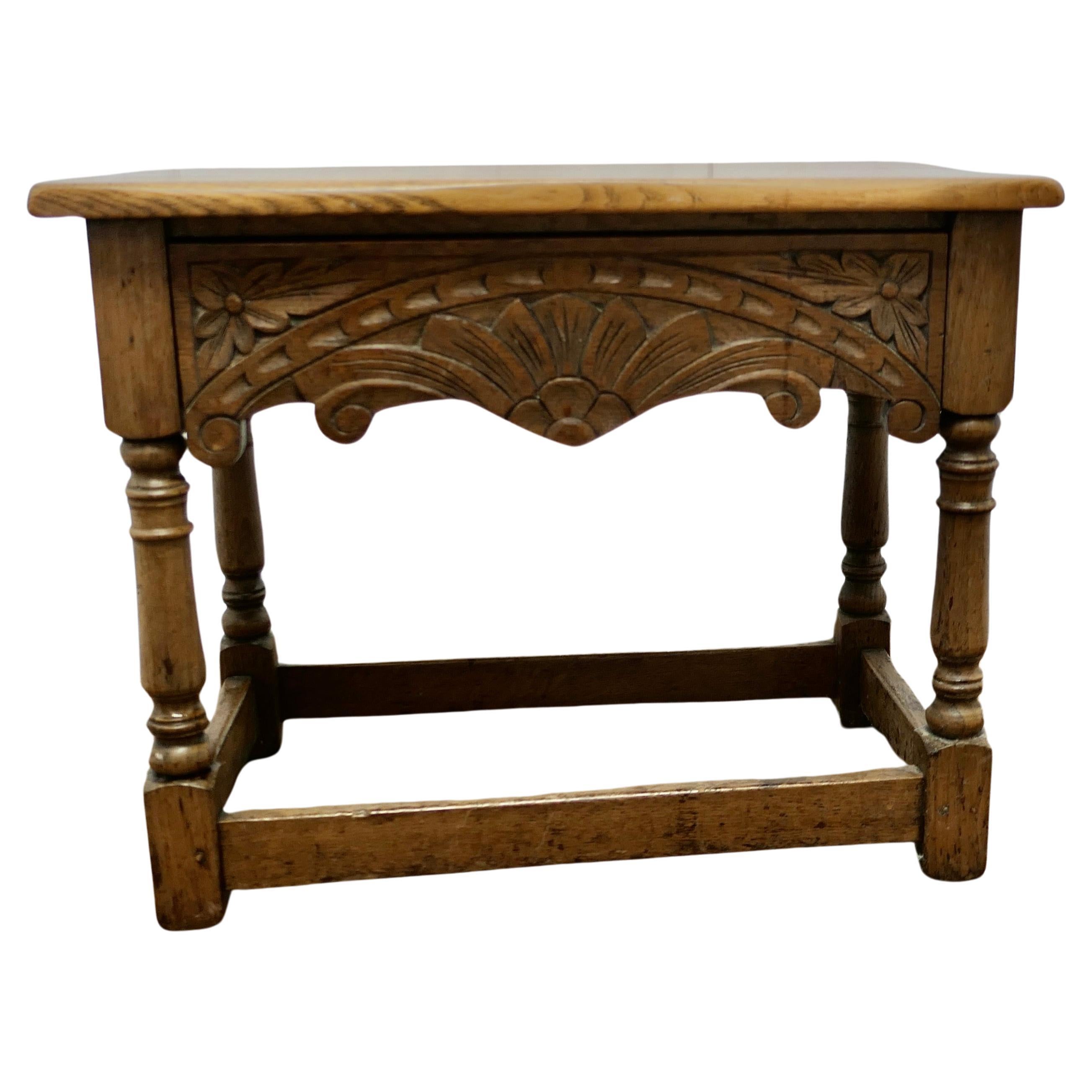 Arts and Crafts Oak Joint Stool, Occasional Table with Drawer    For Sale