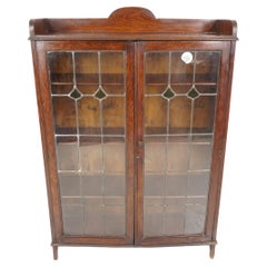 Vintage Arts and Crafts Oak Leaded Glass Bookcase Display Cabinet, Scotland 1915, B2633