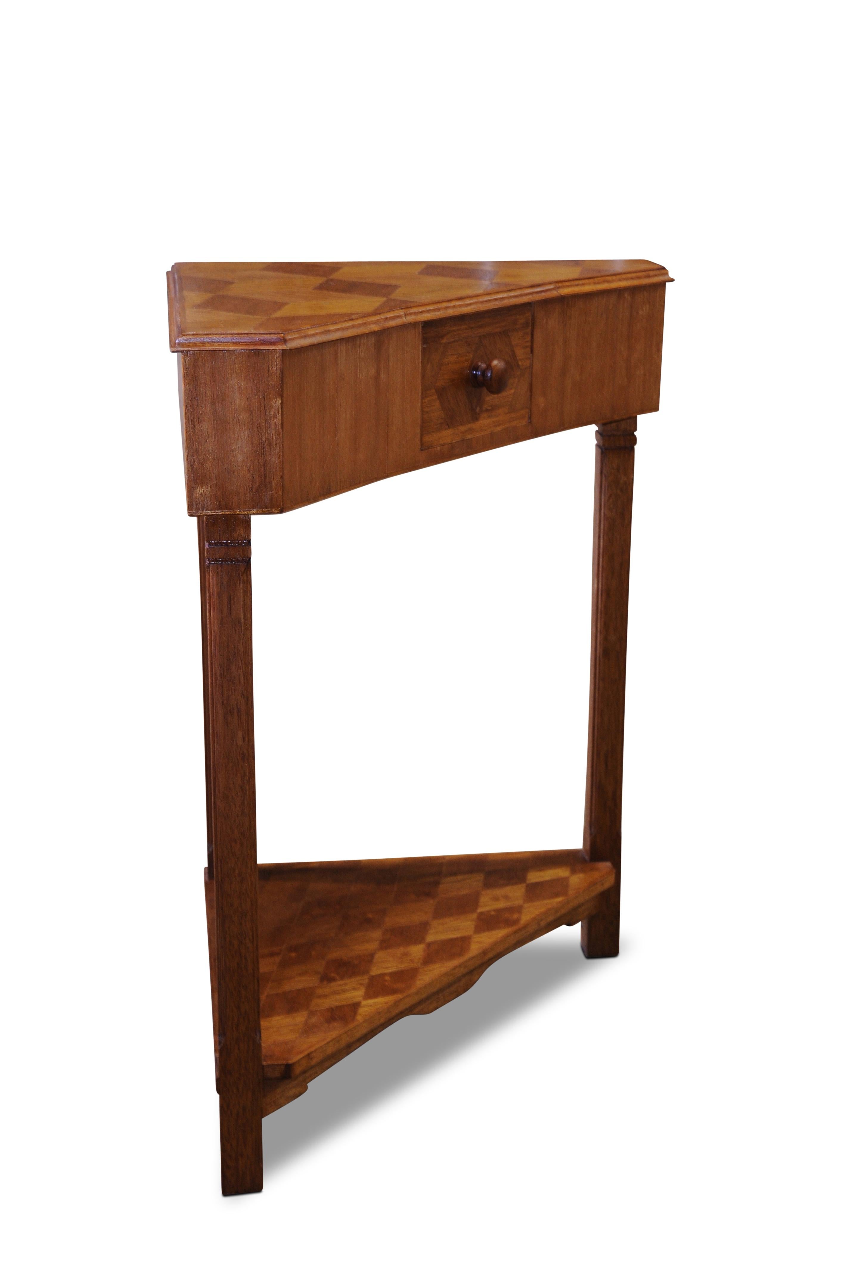 European Arts and Crafts Oak Parquetry Side Table With Single Drawer on Columnar Base. For Sale