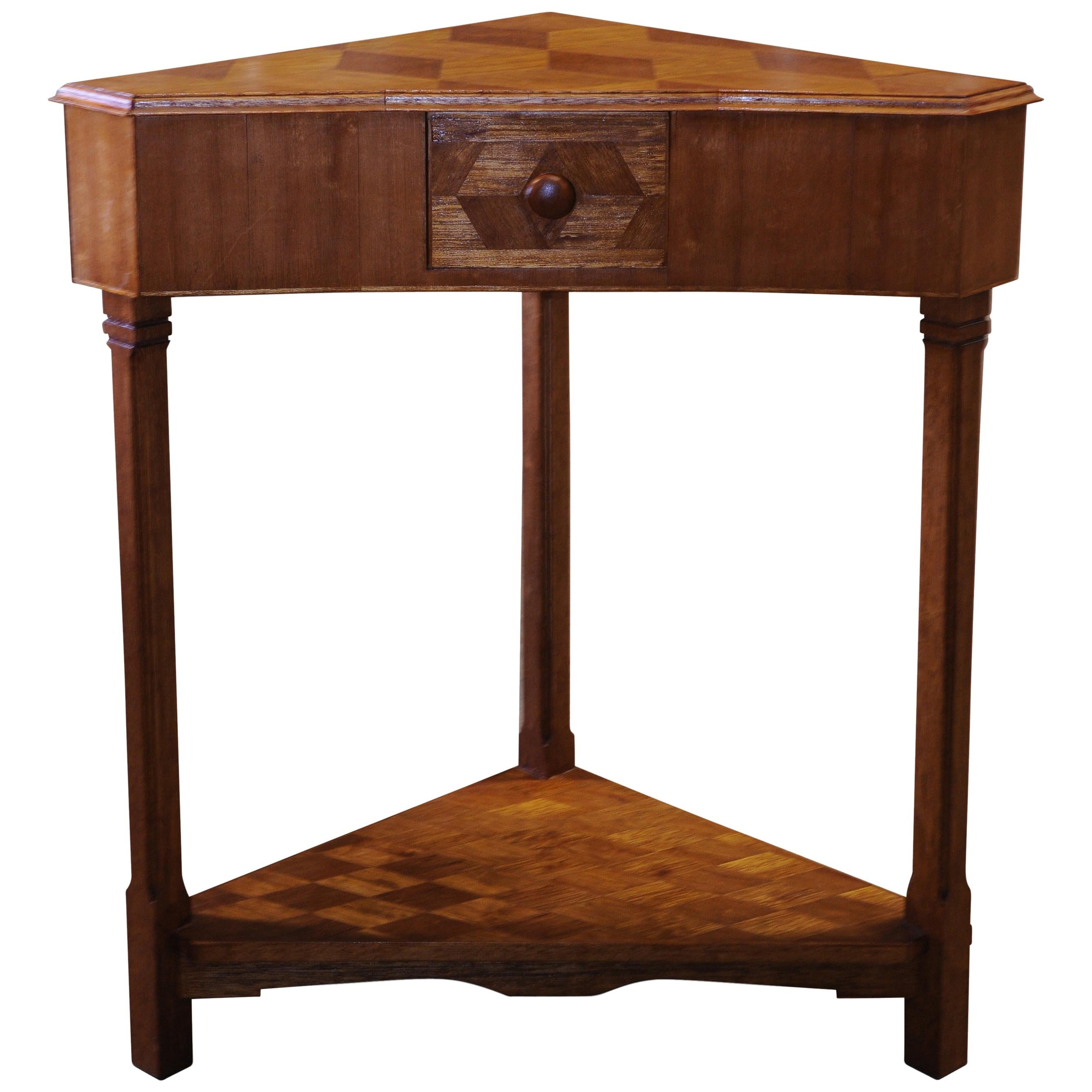 An Elegant Arts and Crafts Oak Triangular Parquetry Side Table With Small Single Drawer on Columnar Base.