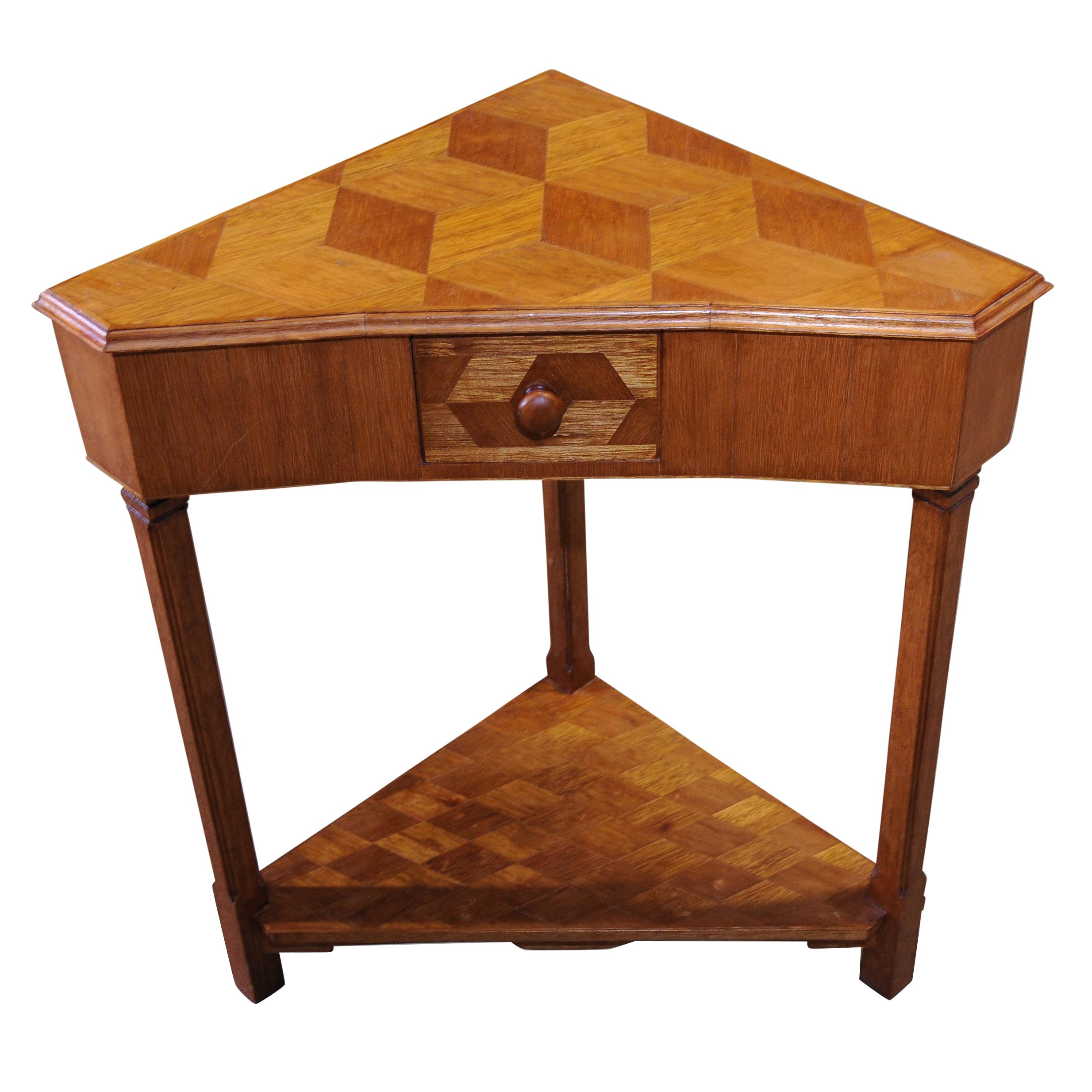 Arts and Crafts Oak Parquetry Side Table With Single Drawer on Columnar Base. For Sale