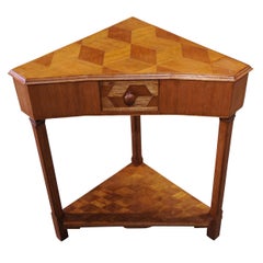 Antique Arts and Crafts Oak Parquetry Side Table With Single Drawer on Columnar Base.