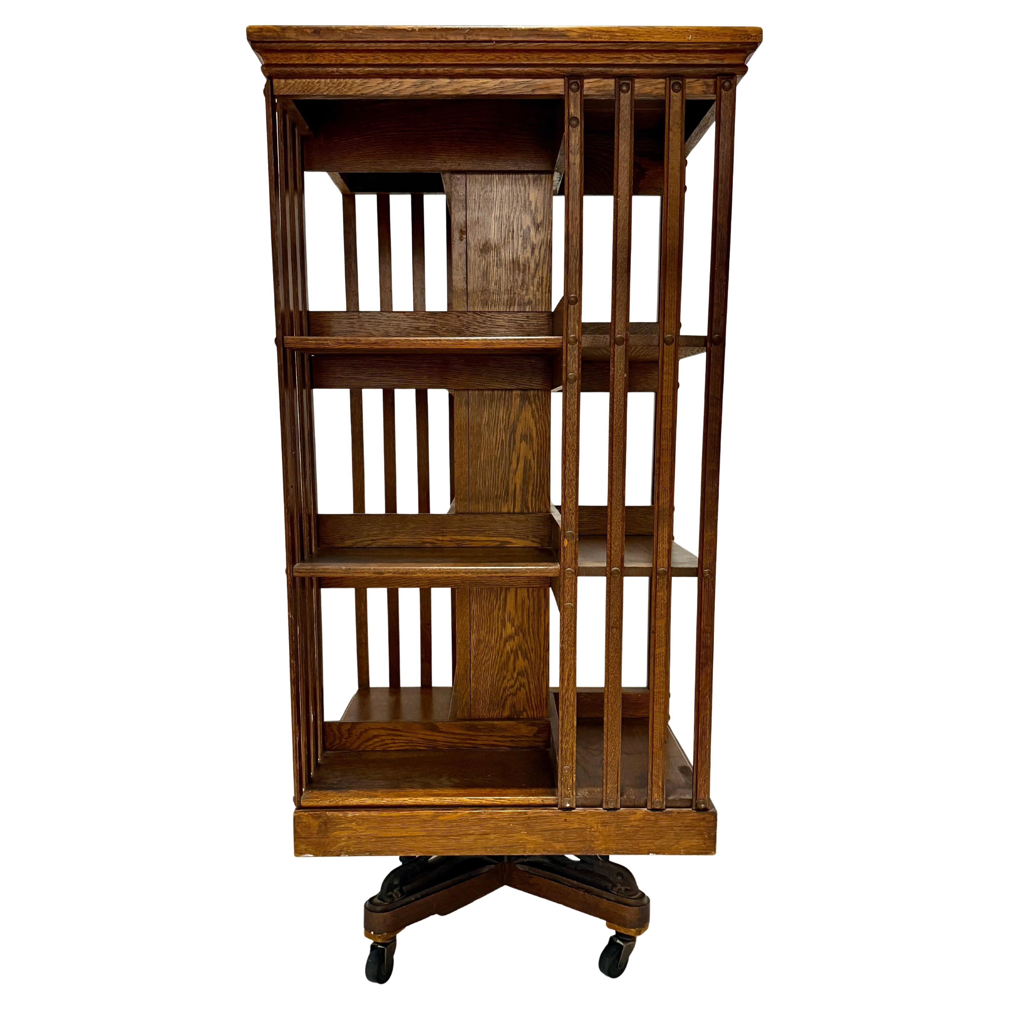 Arts and Crafts Oak Revolving Bookcase by Danner For Sale