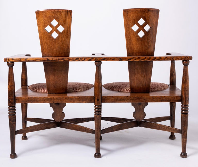 British Arts and Crafts Oak Settle Designed by George Henry Walton, England circa 1890 For Sale