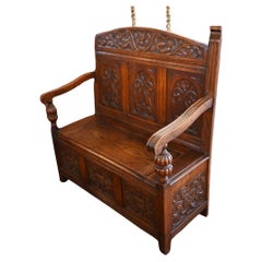 Arts and Crafts Oak Settle Hand Carved Hall Bench Chest