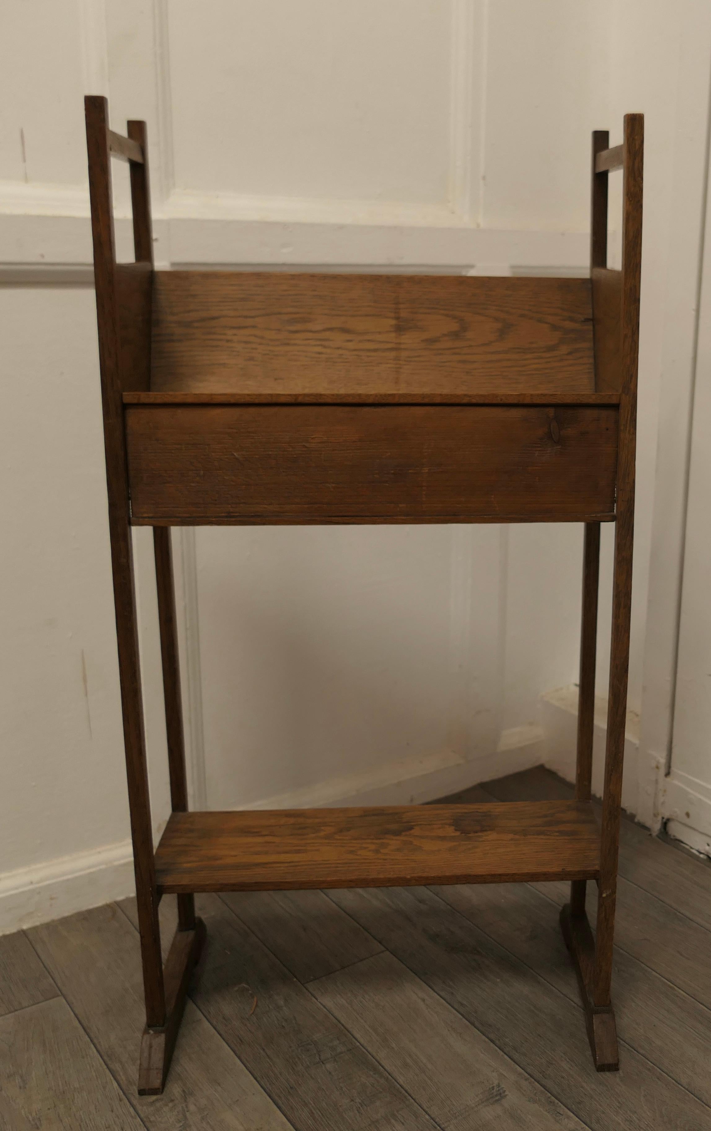 Art Deco Arts & Crafts Oak Slope-Shelf Bookcase with Undertier, Small Oak Bookcase For Sale