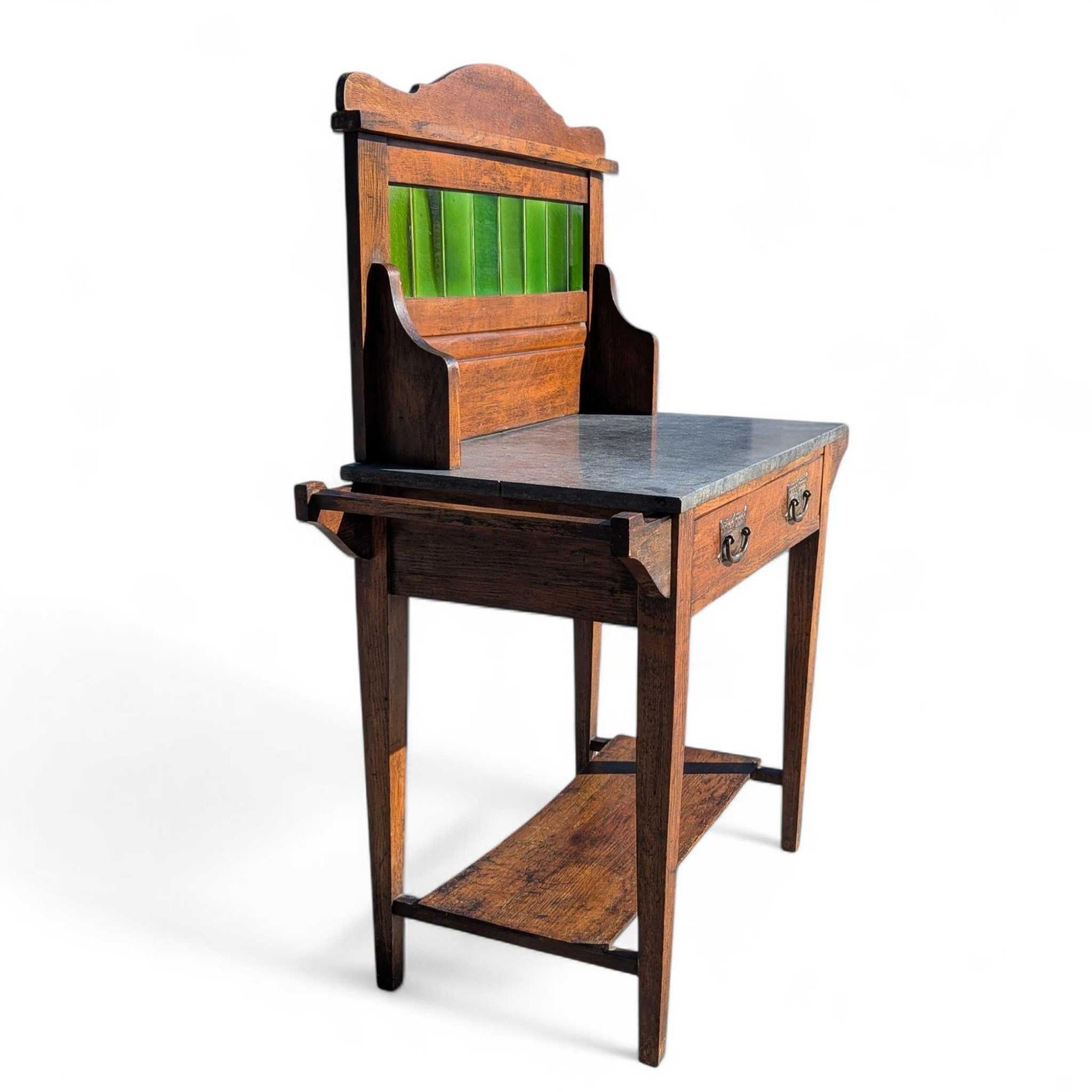 Arts and Crafts Oak Washstand with Green Tile Backsplash and Stone Top, c. 1900s For Sale 4