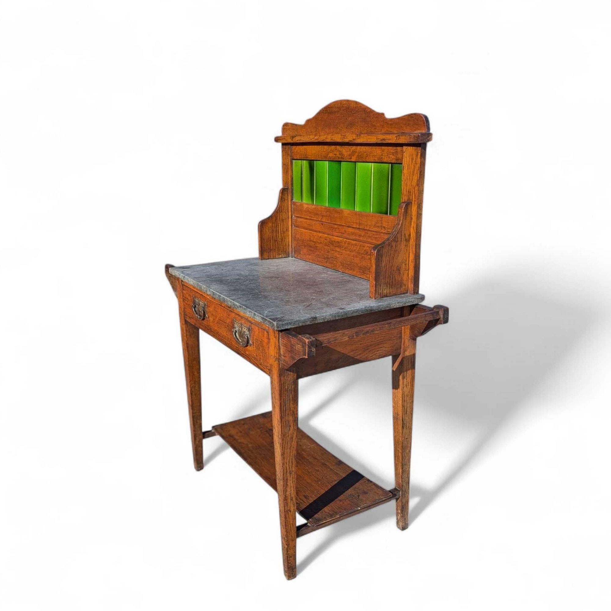 Arts and Crafts Oak Washstand with Green Tile Backsplash and Stone Top, c. 1900s For Sale 7