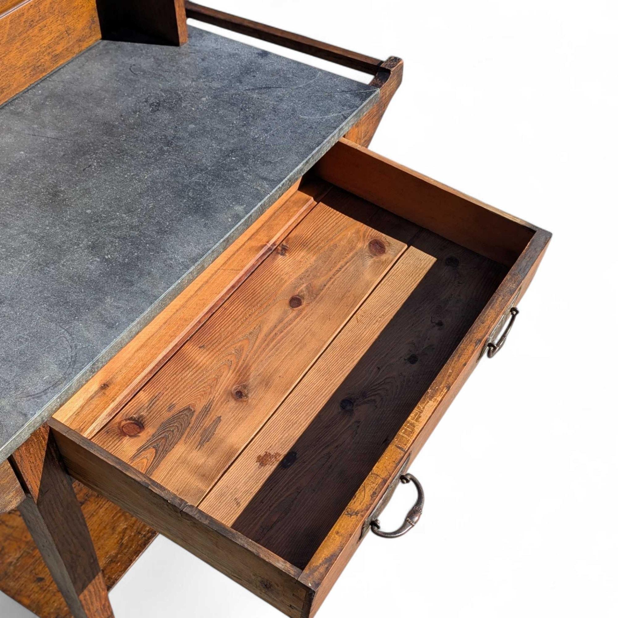 Arts and Crafts Oak Washstand with Green Tile Backsplash and Stone Top, c. 1900s For Sale 11